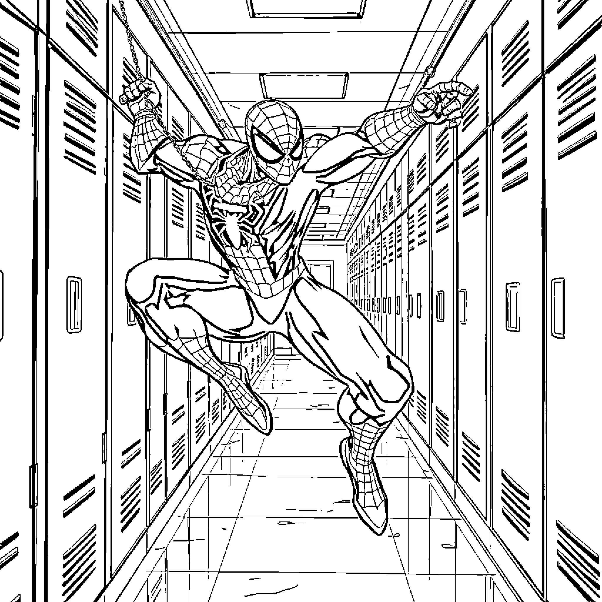 Spider-Man swinging through school hallway Coloring Page (free black-and-white line drawing printable PDF for all, from beginners to advanced learners, including children, teens, adults, and seniors)