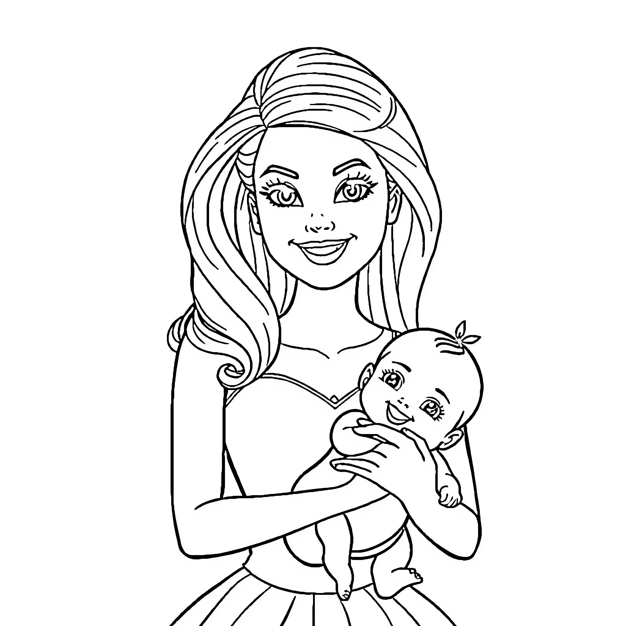 Barbie holding and caring for a baby Coloring Page (free black-and-white line drawing printable PDF for all, from beginners to advanced learners, including children, teens, adults, and seniors)