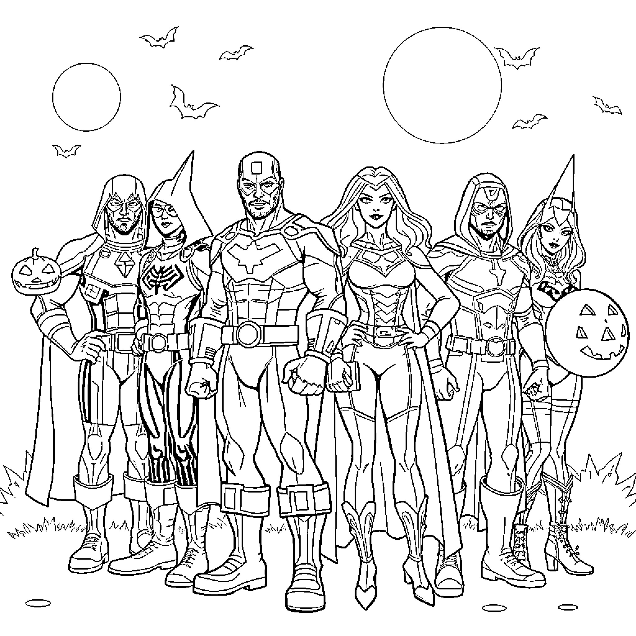 Avenger Team Assembled for Halloween Adventure Coloring Page (free black-and-white line drawing printable PDF for all, from beginners to advanced learners, including children, teens, adults, and seniors)