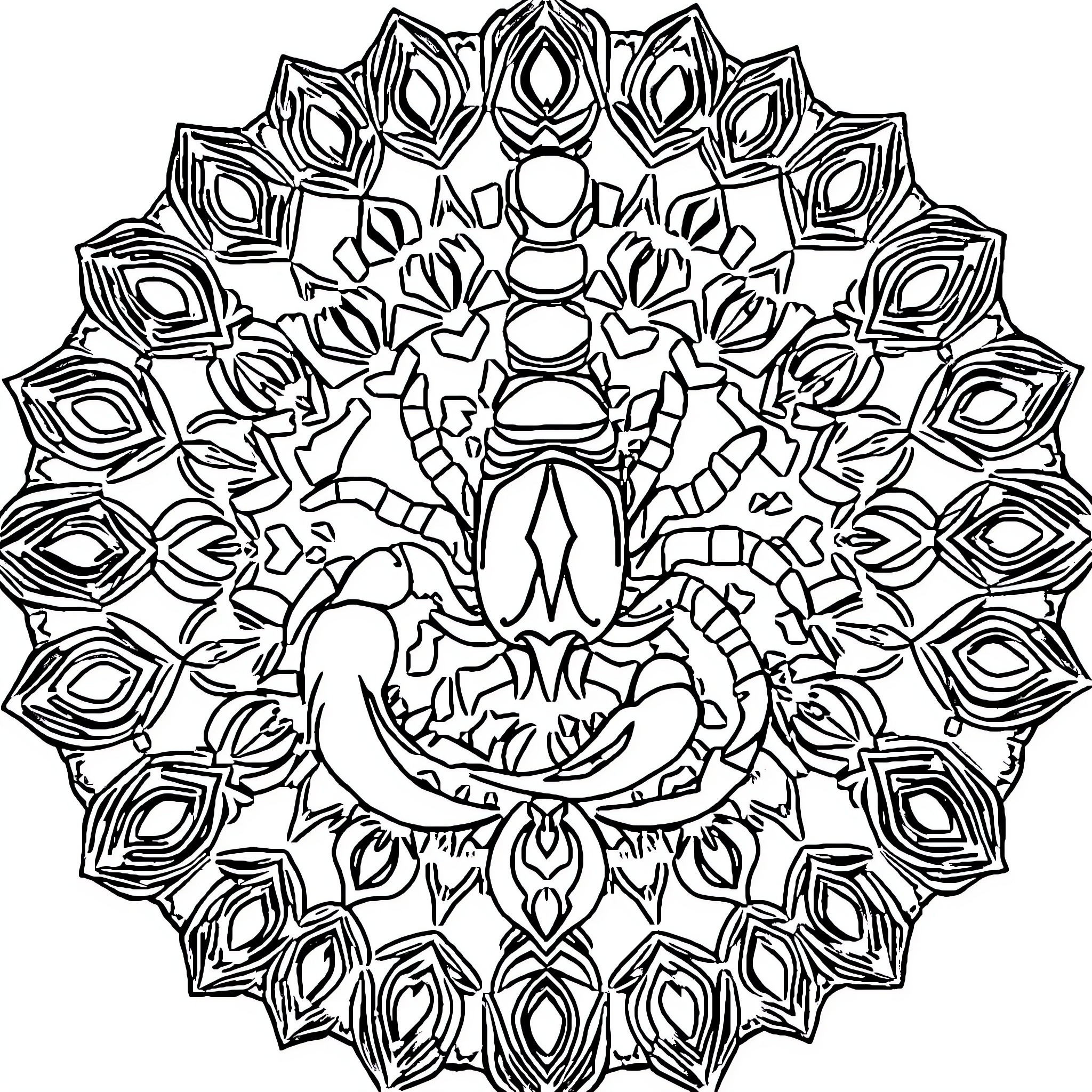Scorpion Mandala with Intricate Patterns Coloring Page (free black-and-white line drawing printable PDF for all, from beginners to advanced learners, including children, teens, adults, and seniors)