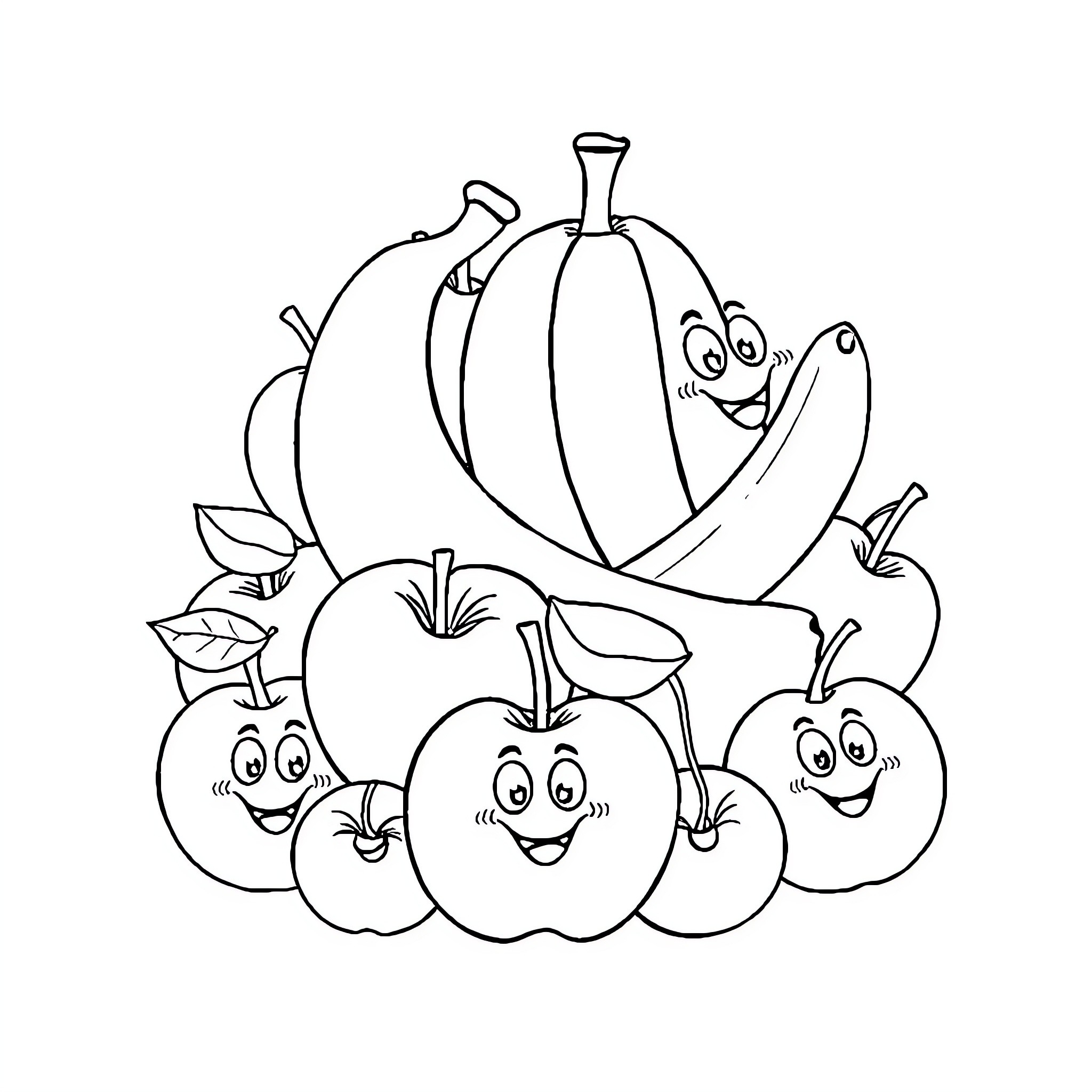 Fruit gathering with cheerful expressions Coloring Page (free black-and-white line drawing printable PDF for all, from beginners to advanced learners, including children, teens, adults, and seniors)
