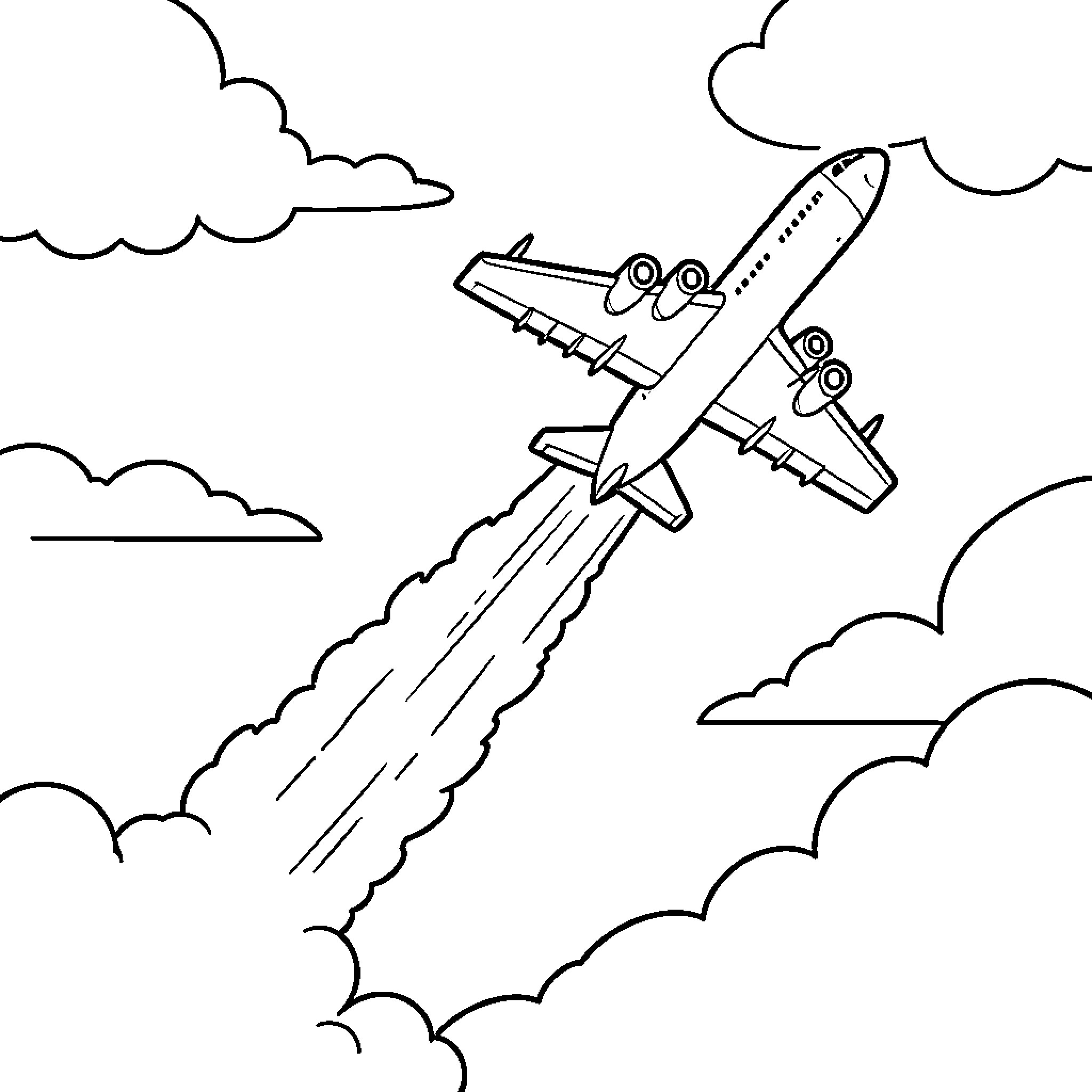 Airplane flying high through the clouds Coloring Page (free black-and-white line drawing printable PDF for all, from beginners to advanced learners, including children, teens, adults, and seniors)