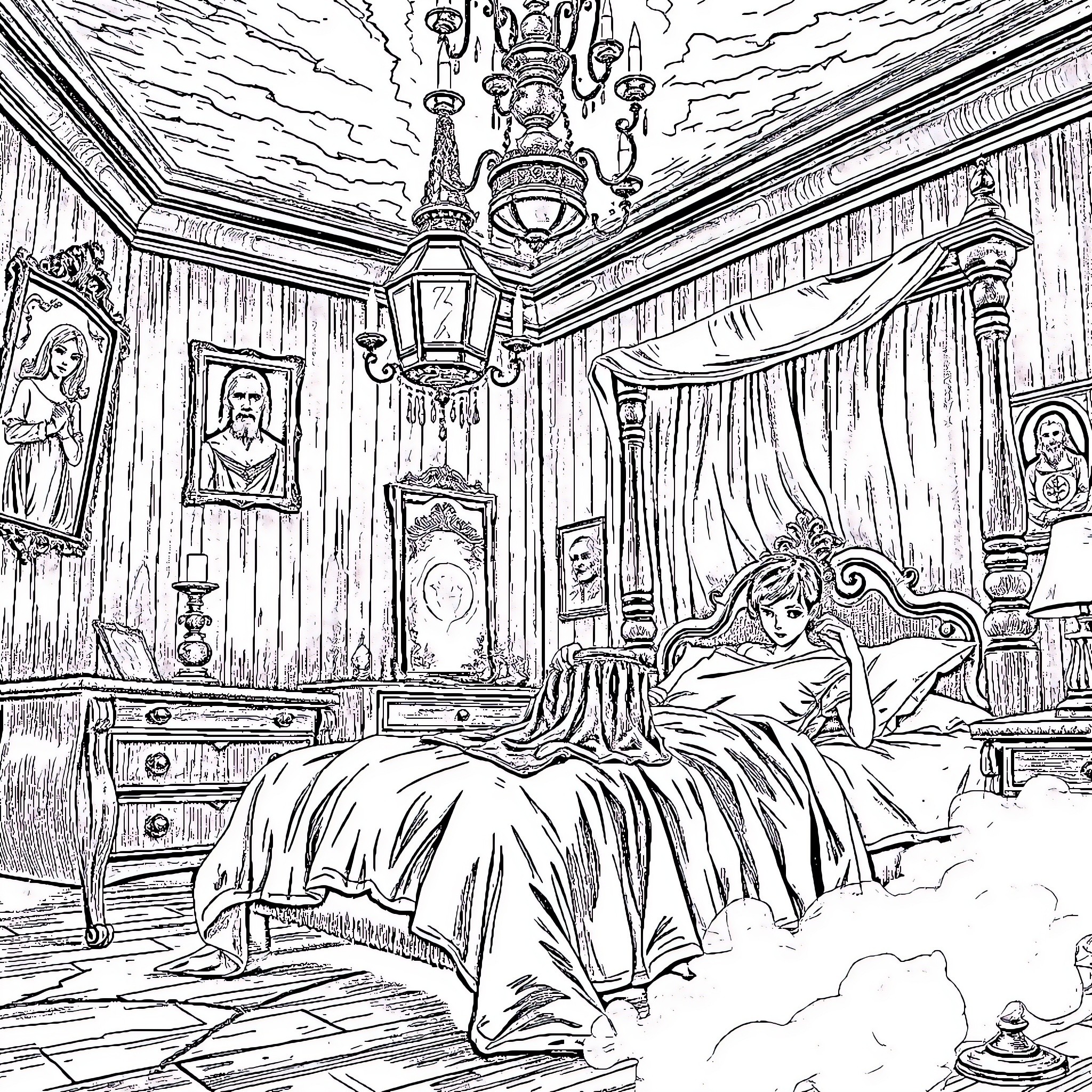Woman resting in an ornate bedroom Coloring Page (free black-and-white line drawing printable PDF for all, from beginners to advanced learners, including children, teens, adults, and seniors)