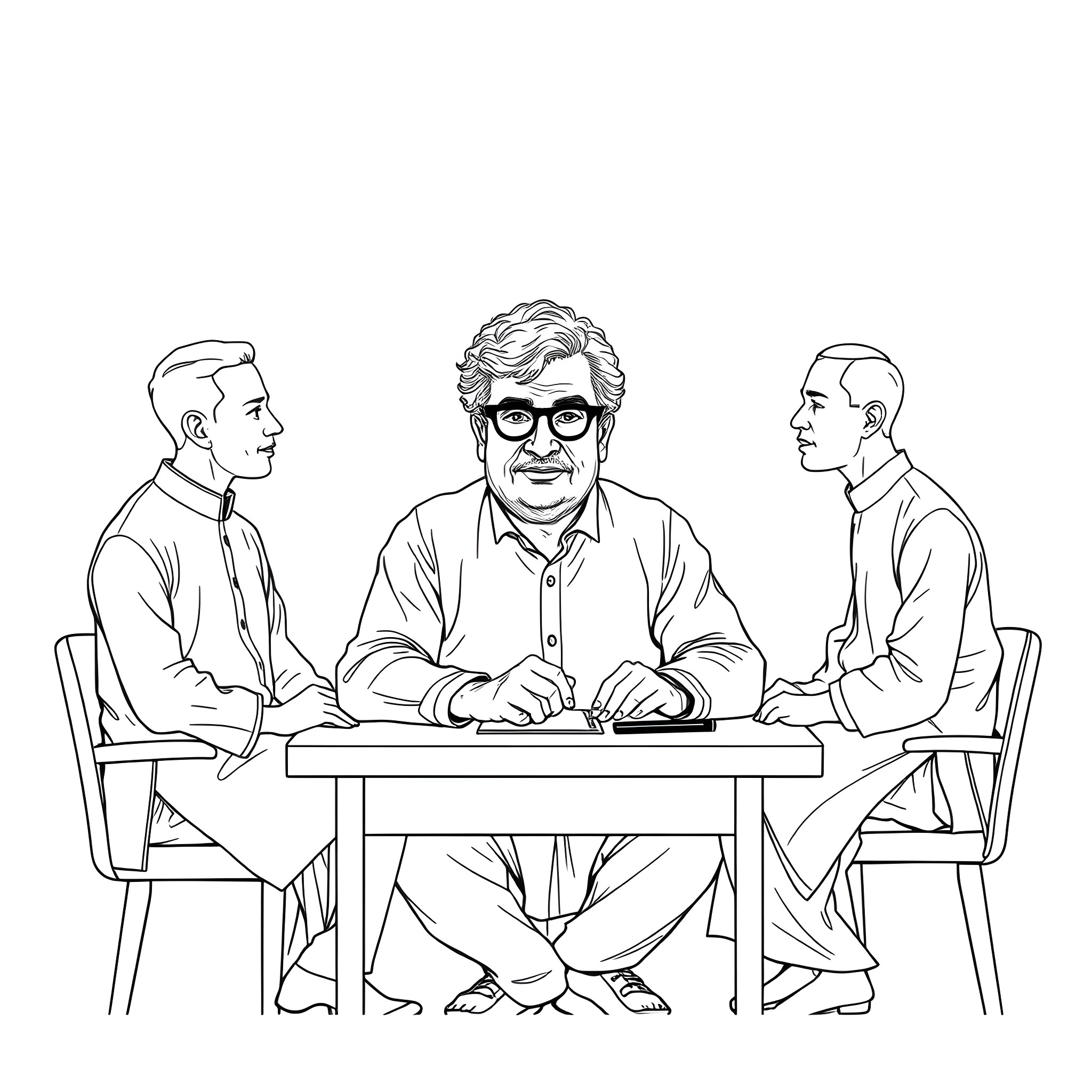 Teacher Discussing with Students in Meeting Coloring Page (free black-and-white line drawing printable PDF for all, from beginners to advanced learners, including children, teens, adults, and seniors)