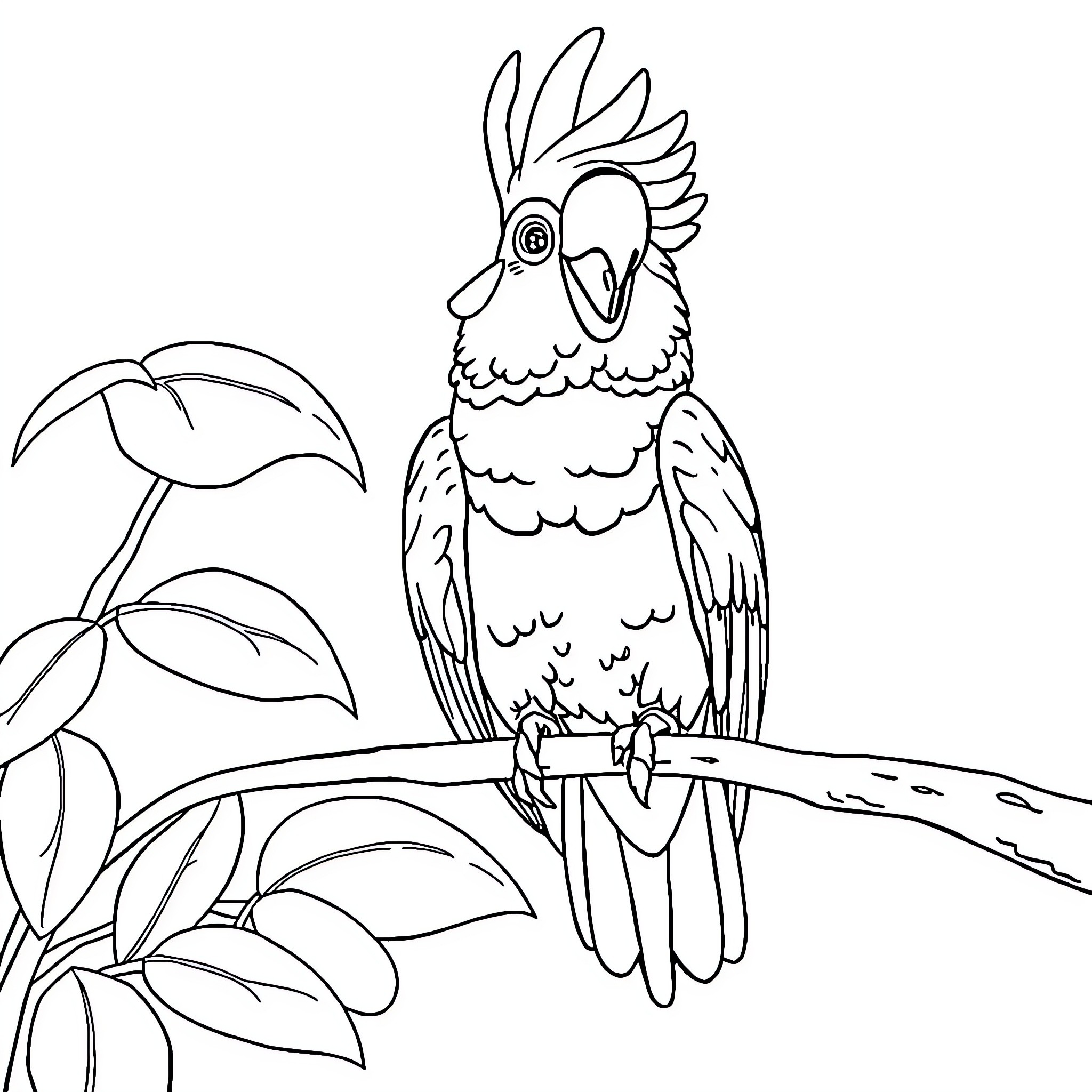 Parrot perched on branch surrounded by foliage Coloring Page (free black-and-white line drawing printable PDF for all, from beginners to advanced learners, including children, teens, adults, and seniors)