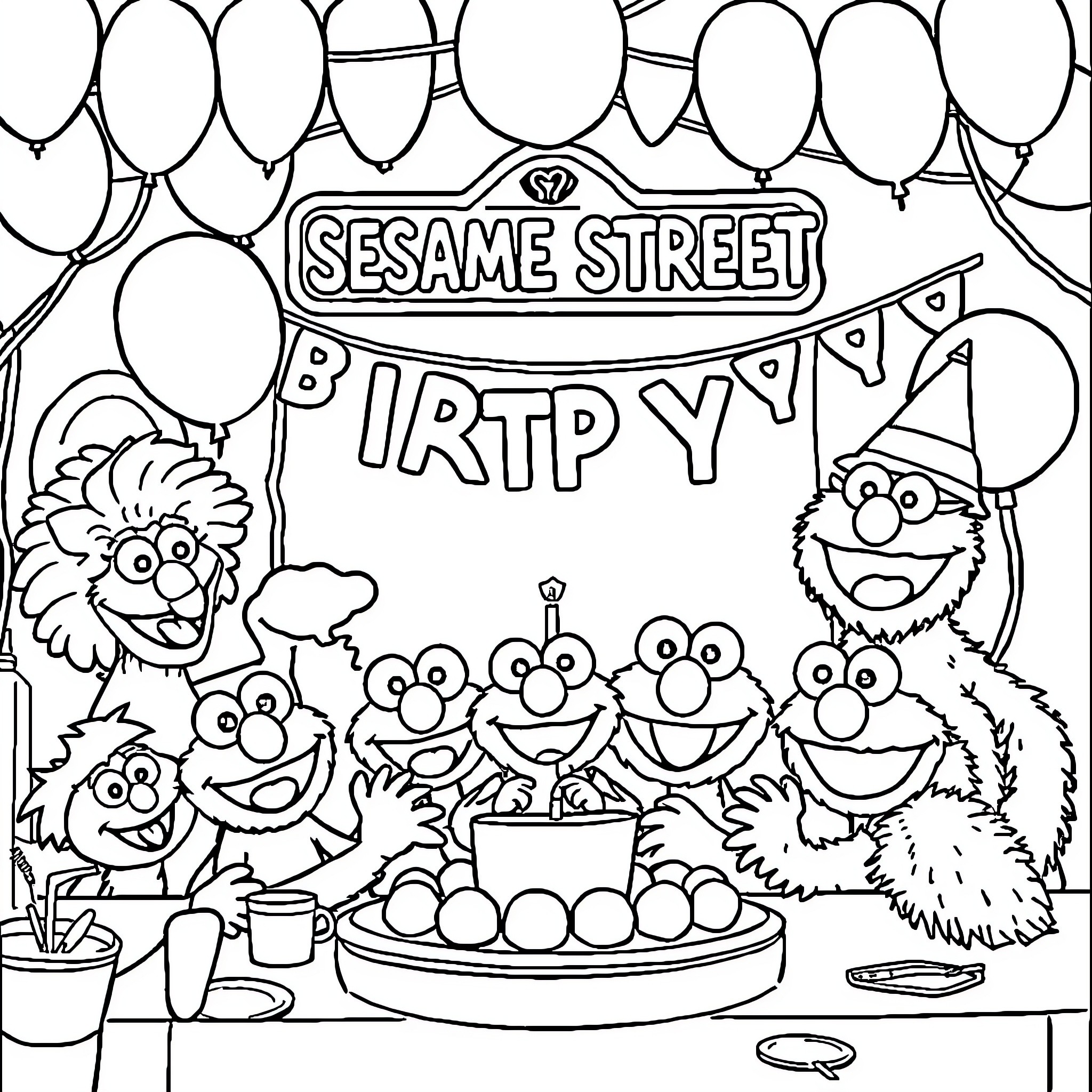 Sesame Street characters celebrating a party Coloring Page (free black-and-white line drawing printable PDF for all, from beginners to advanced learners, including children, teens, adults, and seniors)