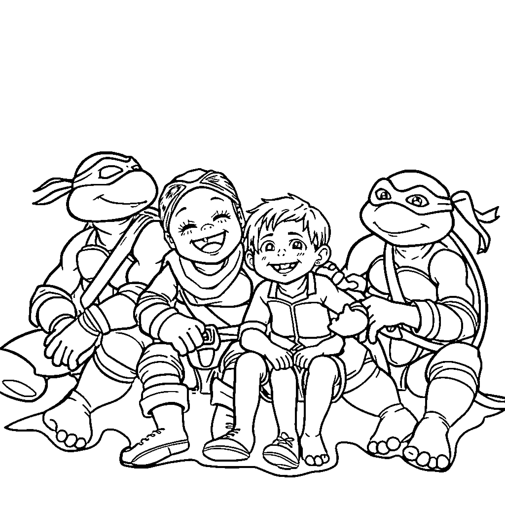 Ninja Turtle friends having fun together Coloring Page (free black-and-white line drawing printable PDF for all, from beginners to advanced learners, including children, teens, adults, and seniors)