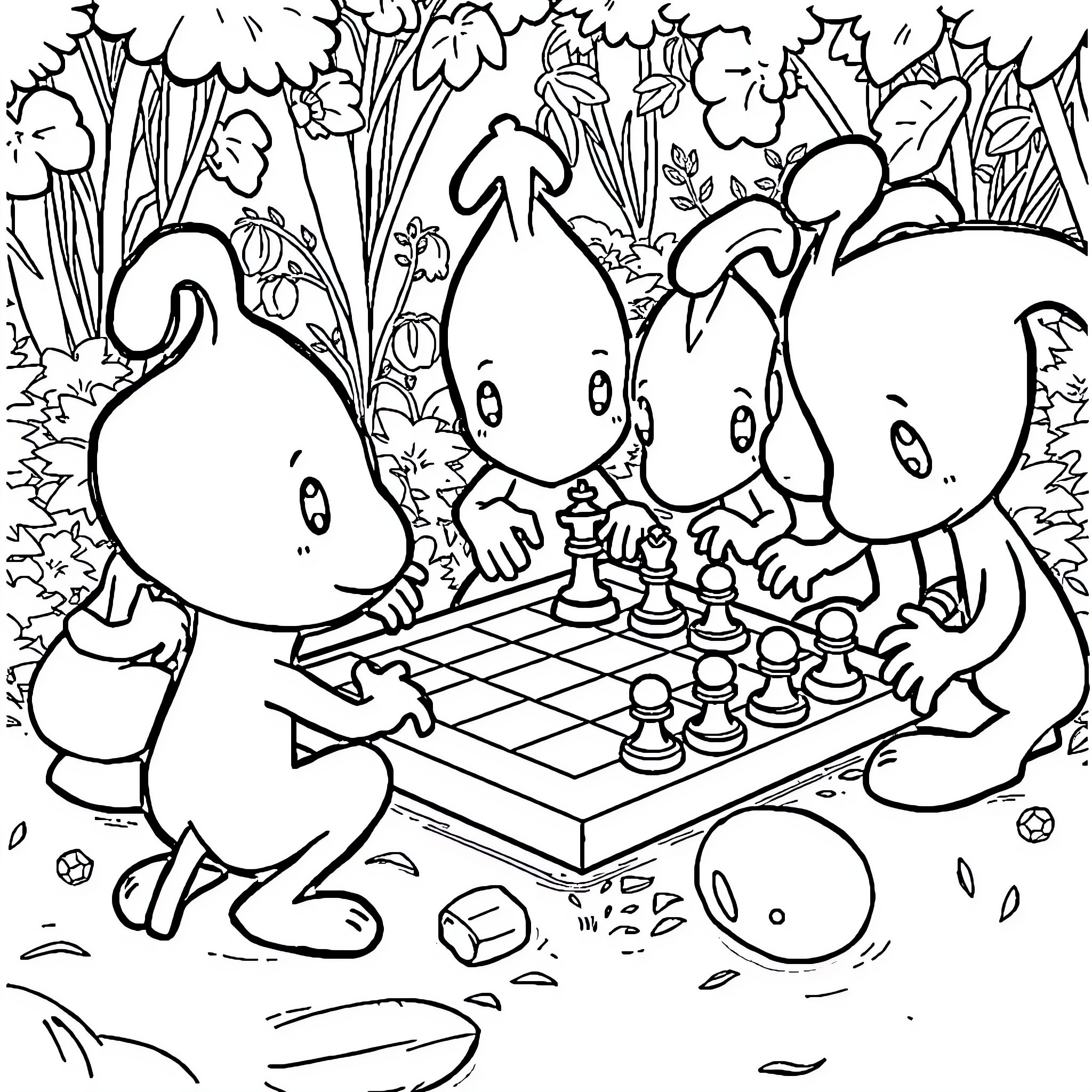 Pikmin playing a game of chess in the garden Coloring Page (free black-and-white line drawing printable PDF for all, from beginners to advanced learners, including children, teens, adults, and seniors)