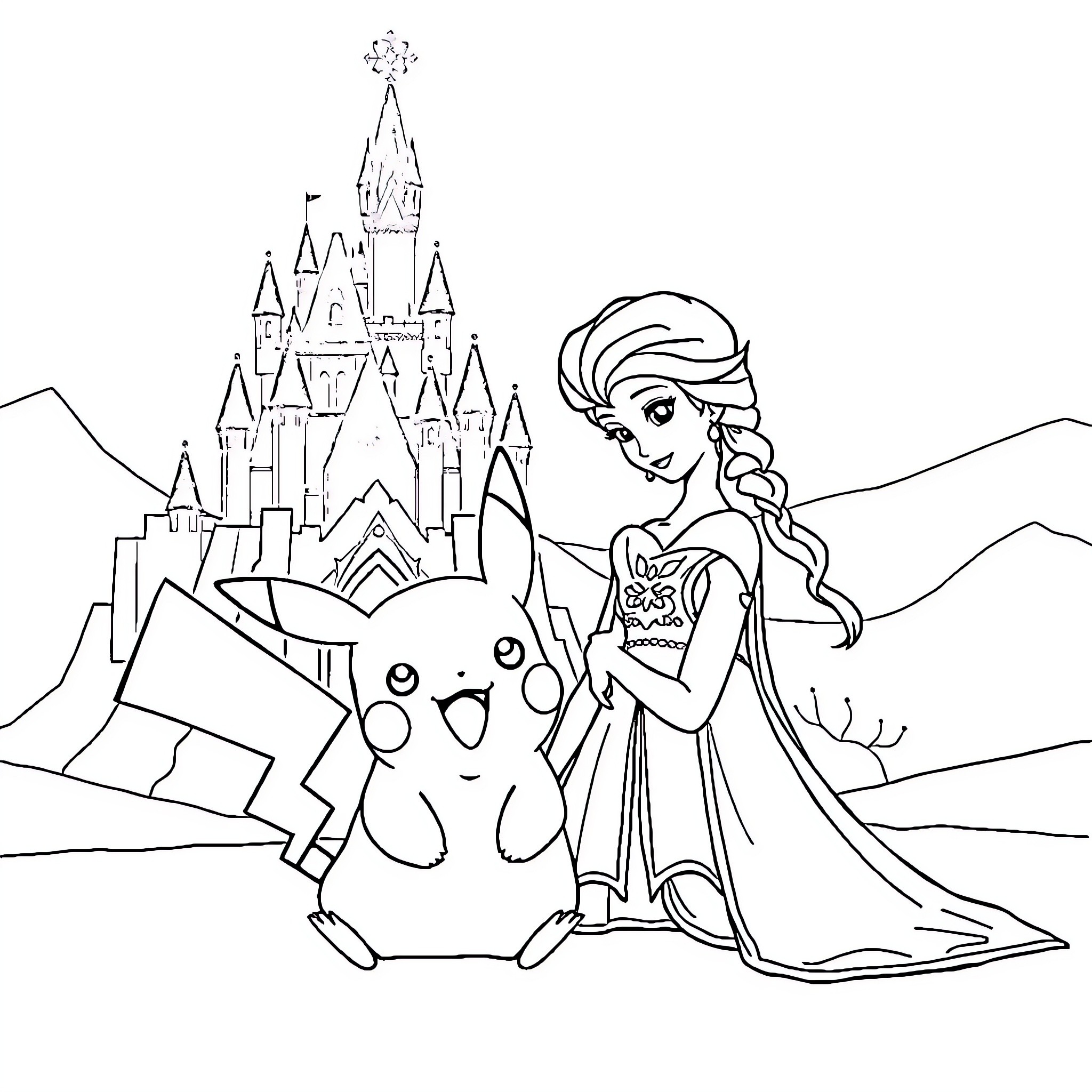 Pikachu meets Elsa in a winter wonderland Coloring Page (free black-and-white line drawing printable PDF for all, from beginners to advanced learners, including children, teens, adults, and seniors)
