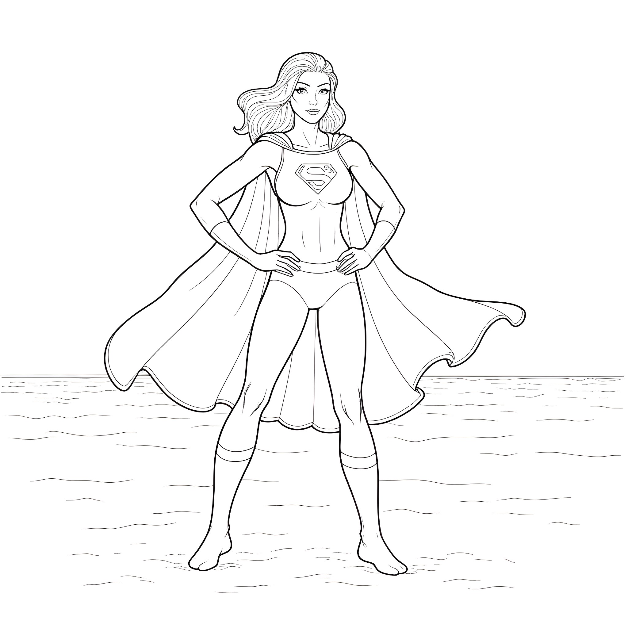 Wonder Woman posing heroically in her iconic outfit Coloring Page (free black-and-white line drawing printable PDF for all, from beginners to advanced learners, including children, teens, adults, and seniors)