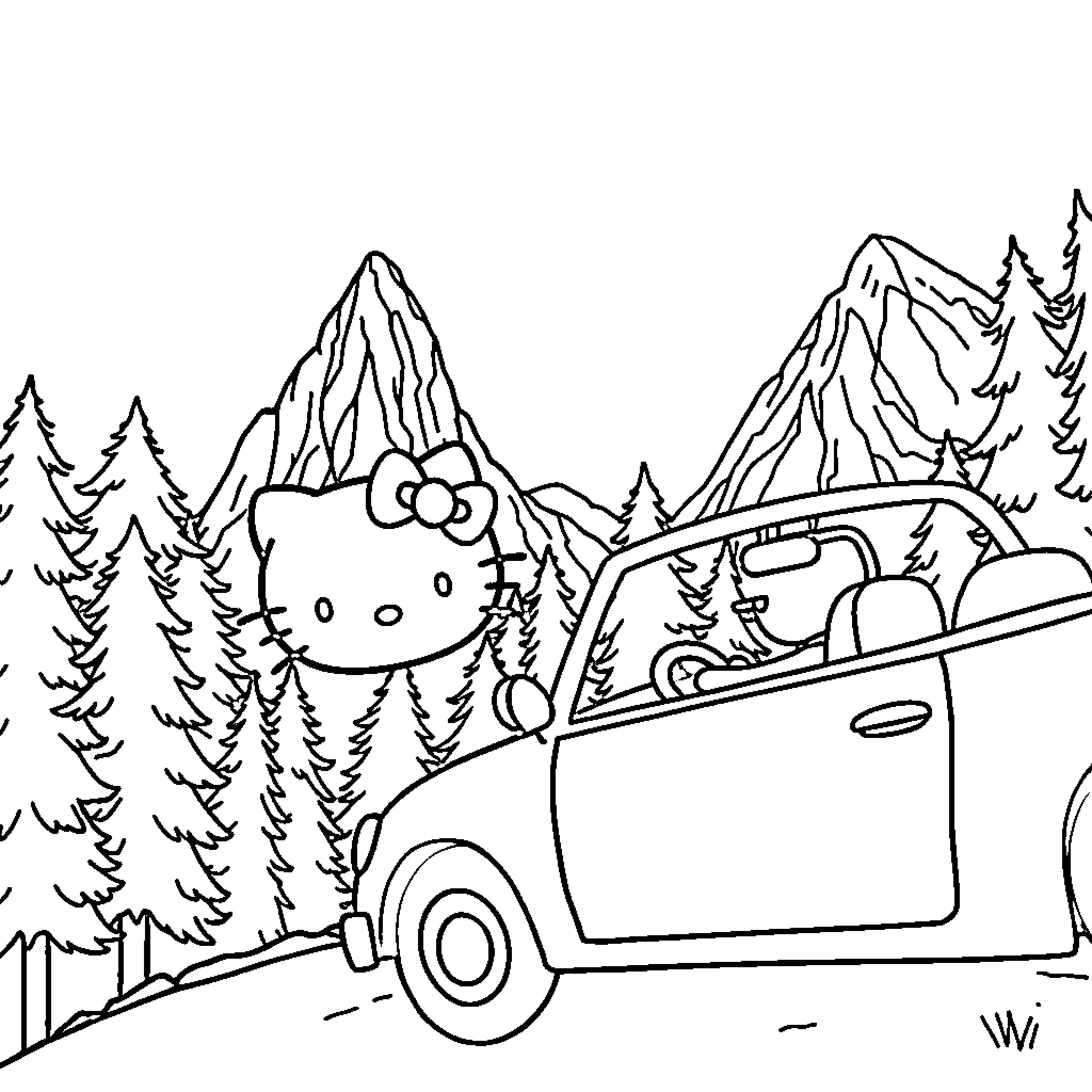 Hello Kitty on a Road Trip Adventure Coloring Page (free black-and-white line drawing printable PDF for all, from beginners to advanced learners, including children, teens, adults, and seniors)
