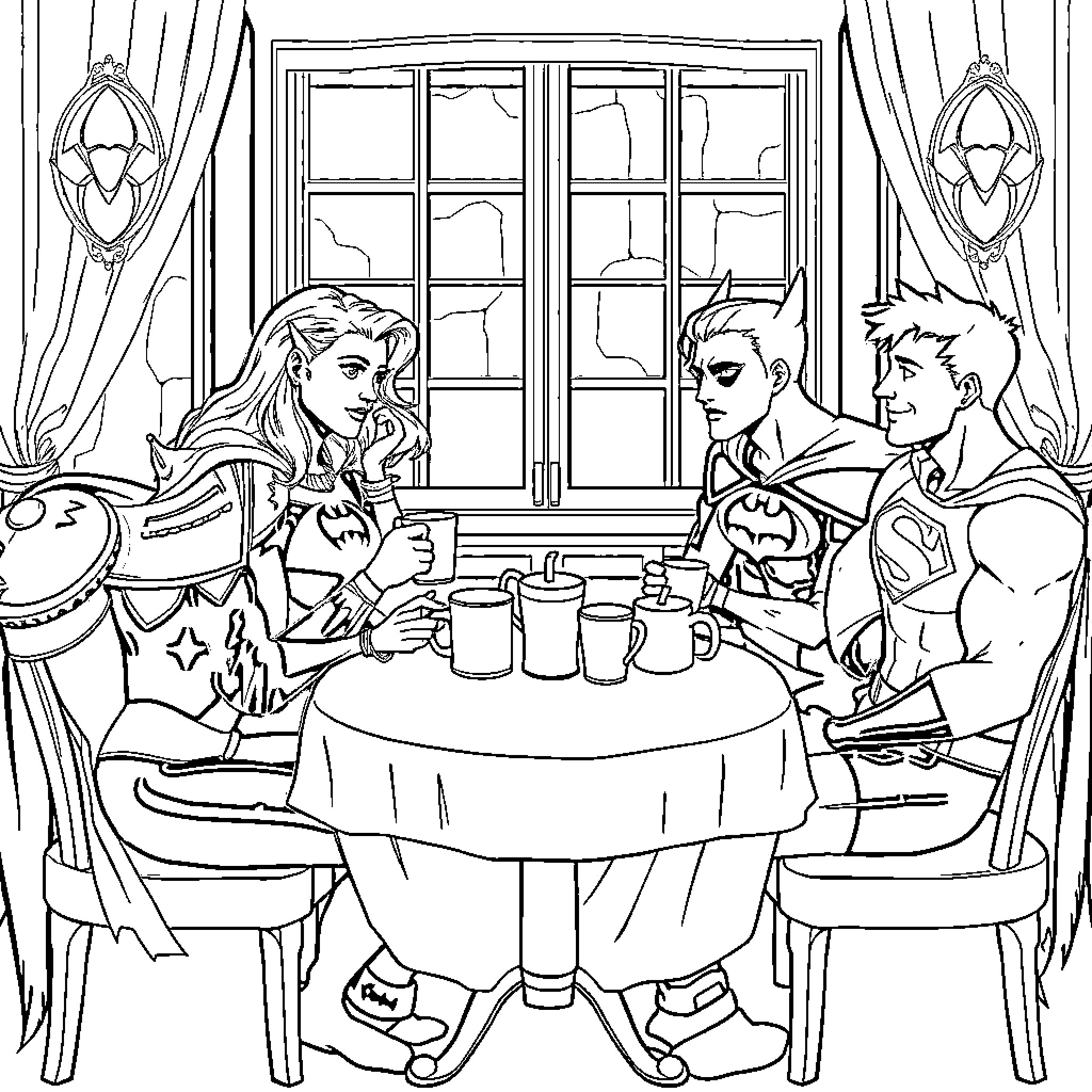Justice League Superheroes Enjoy a Casual Gathering Coloring Page (free black-and-white line drawing printable PDF for all, from beginners to advanced learners, including children, teens, adults, and seniors)