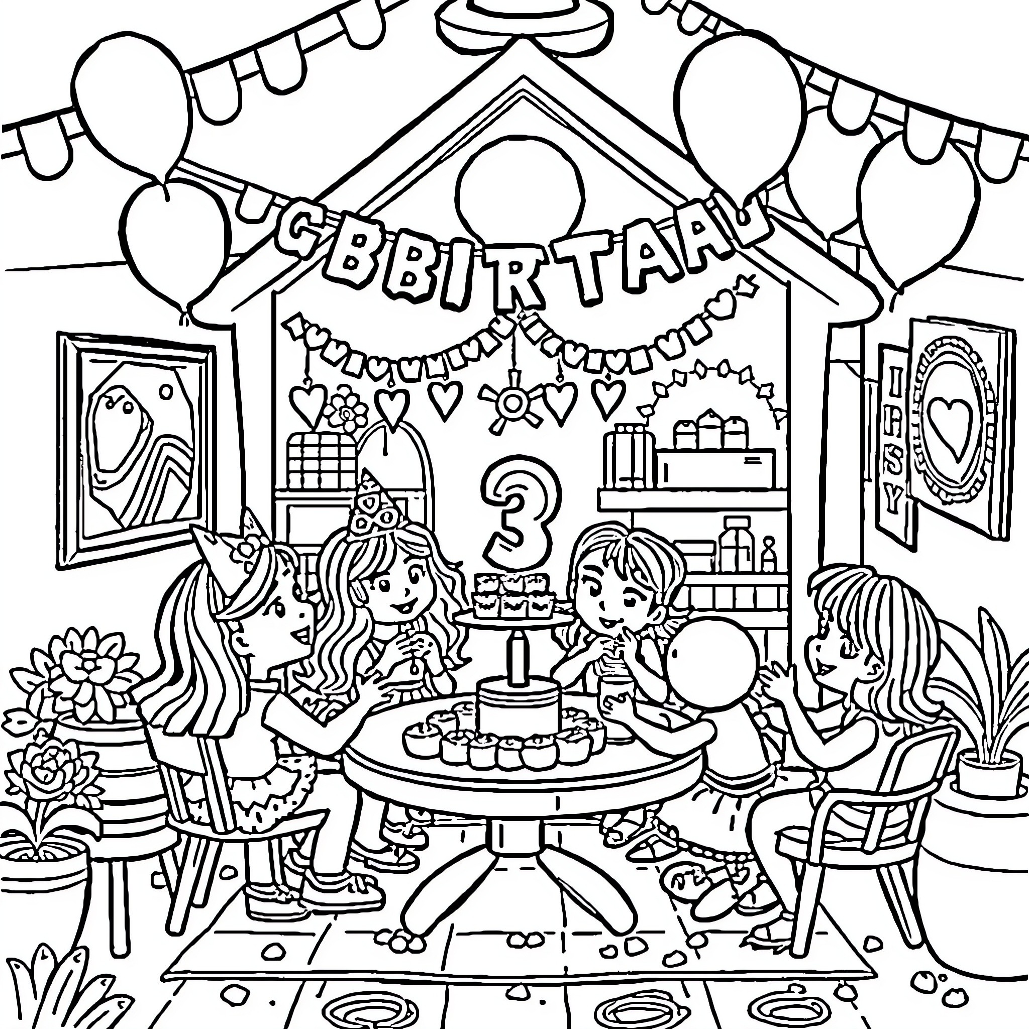 Dollhouse with children celebrating a birthday party Coloring Page (free black-and-white line drawing printable PDF for all, from beginners to advanced learners, including children, teens, adults, and seniors)