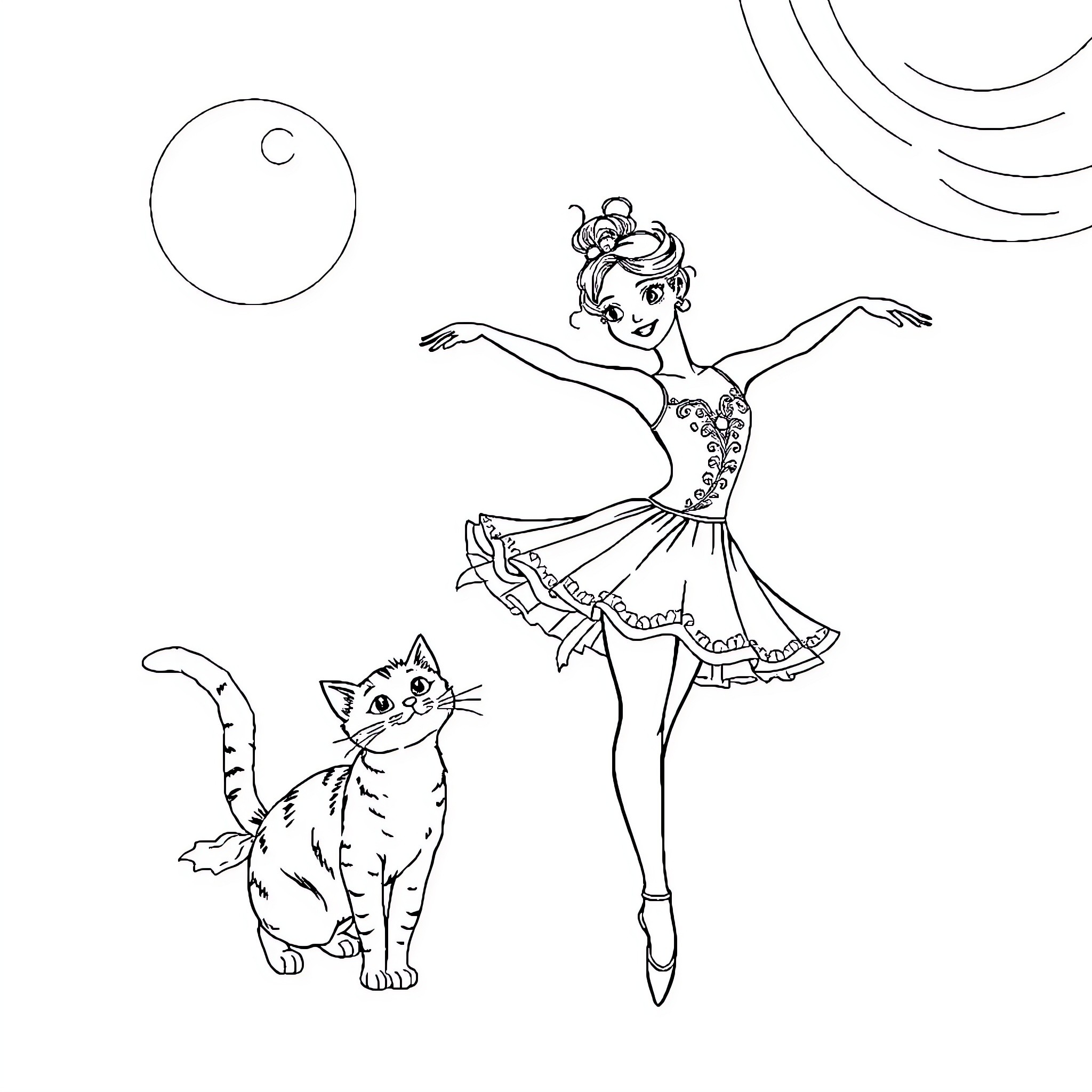 Ballerina performing graceful dance with a cat Coloring Page (free black-and-white line drawing printable PDF for all, from beginners to advanced learners, including children, teens, adults, and seniors)