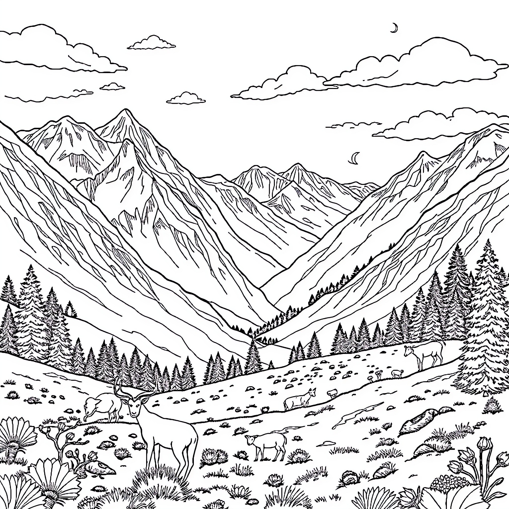 Animal Mountain Landscape with Wildlife Coloring Page (free black-and-white line drawing printable PDF for all, from beginners to advanced learners, including children, teens, adults, and seniors)