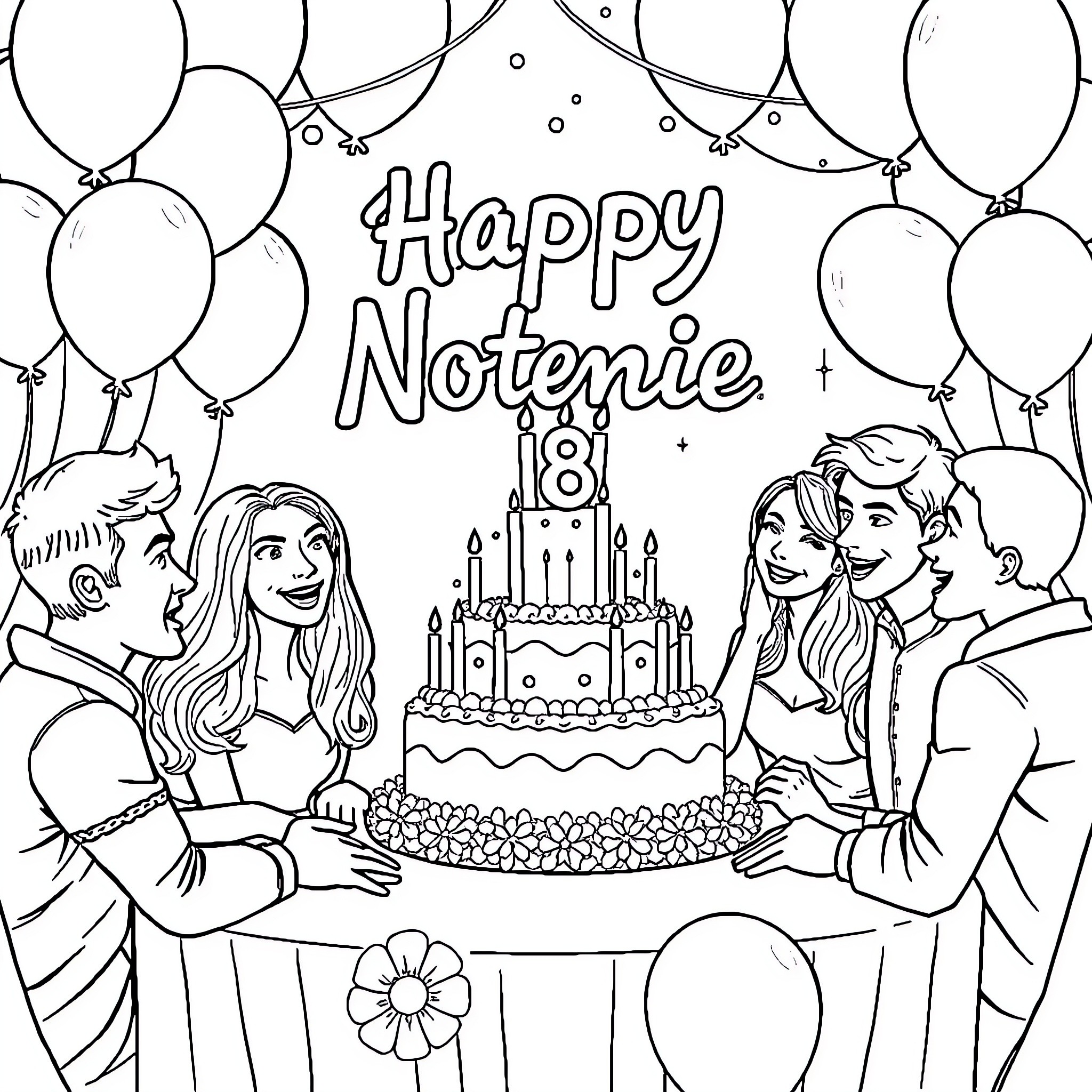Birthday Celebration with Loved Ones Coloring Page (free black-and-white line drawing printable PDF for all, from beginners to advanced learners, including children, teens, adults, and seniors)