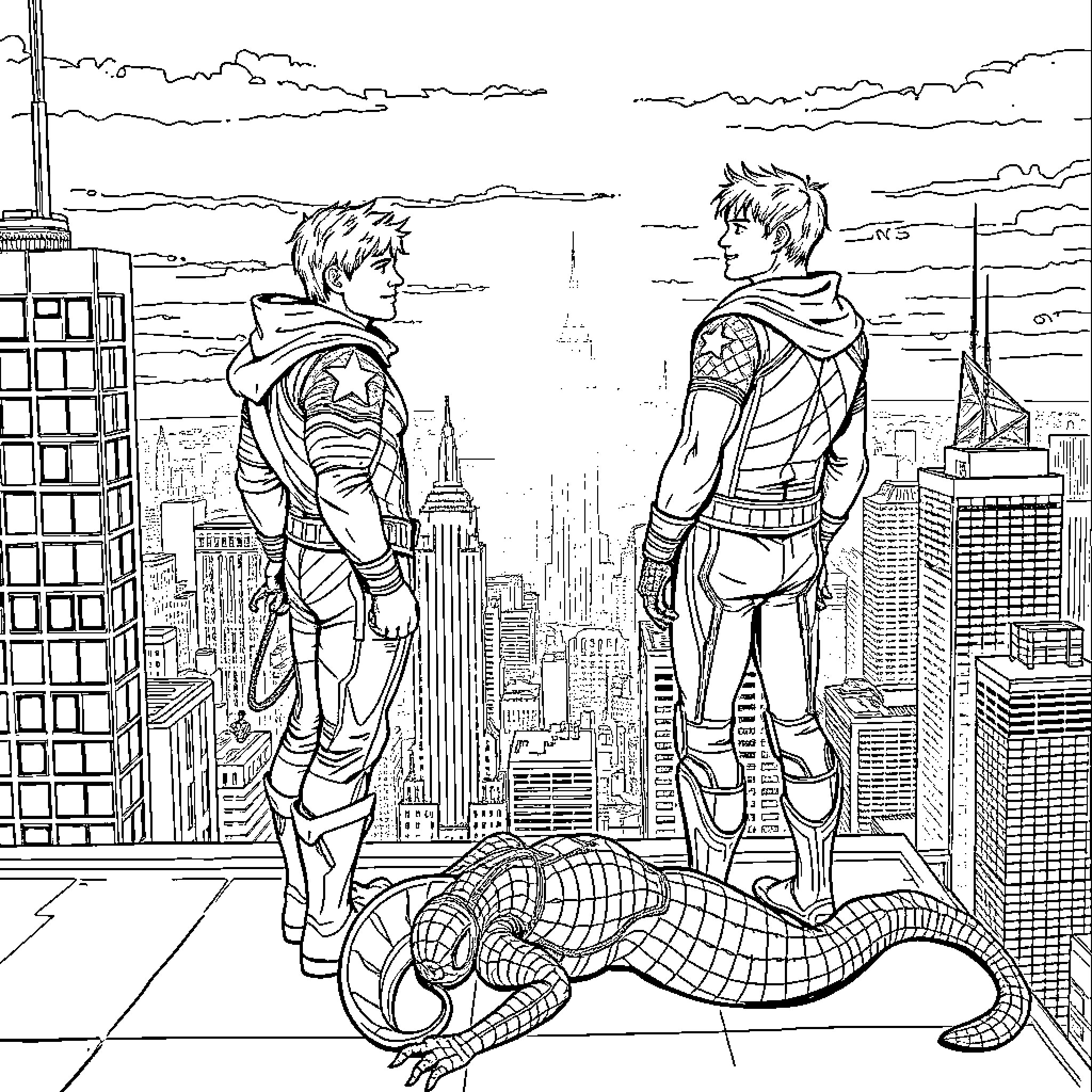 Peter and Harry Battling Supervillain on Rooftop Coloring Page (free black-and-white line drawing printable PDF for all, from beginners to advanced learners, including children, teens, adults, and seniors)