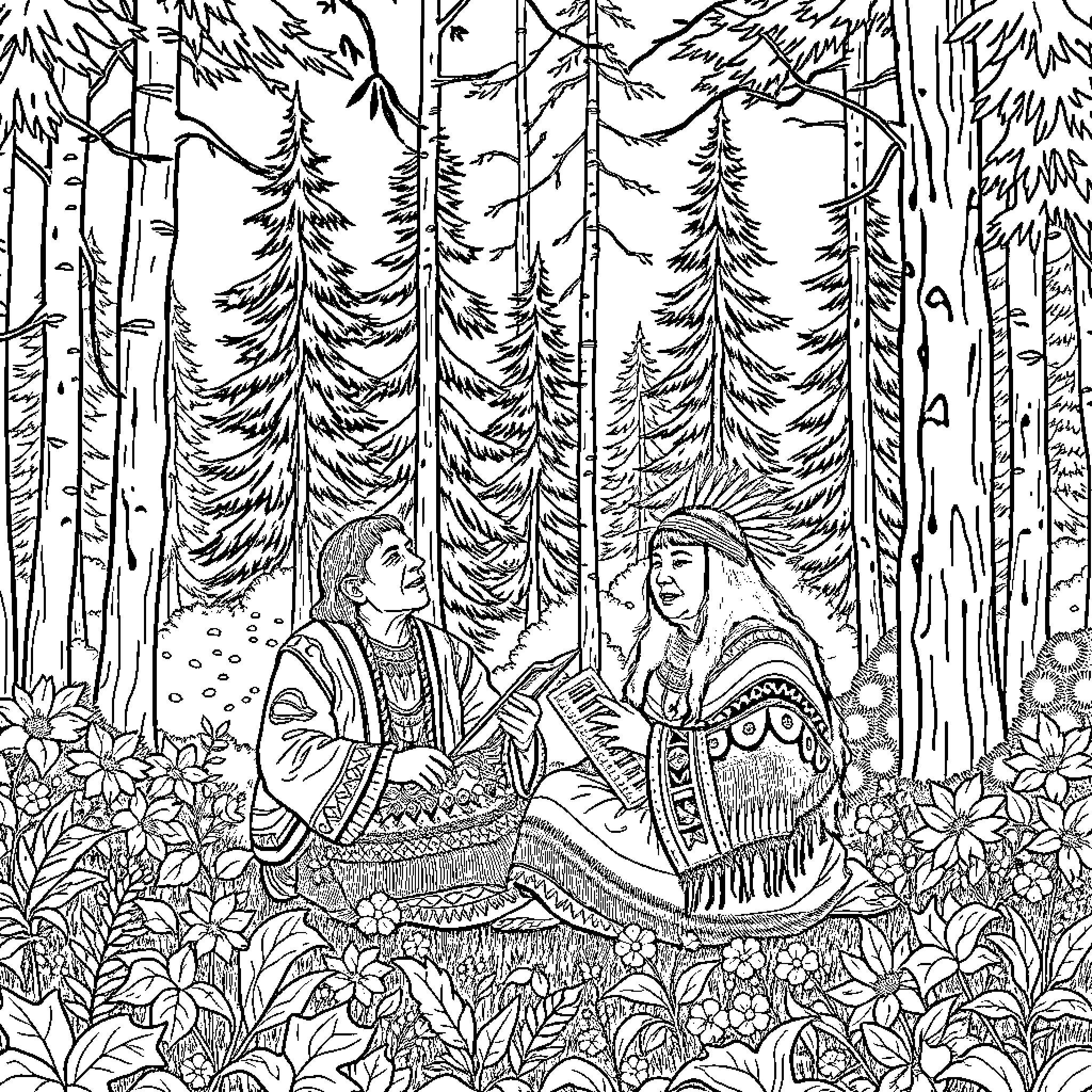 Elder couple enjoying conversation in the forest Coloring Page (free black-and-white line drawing printable PDF for all, from beginners to advanced learners, including children, teens, adults, and seniors)