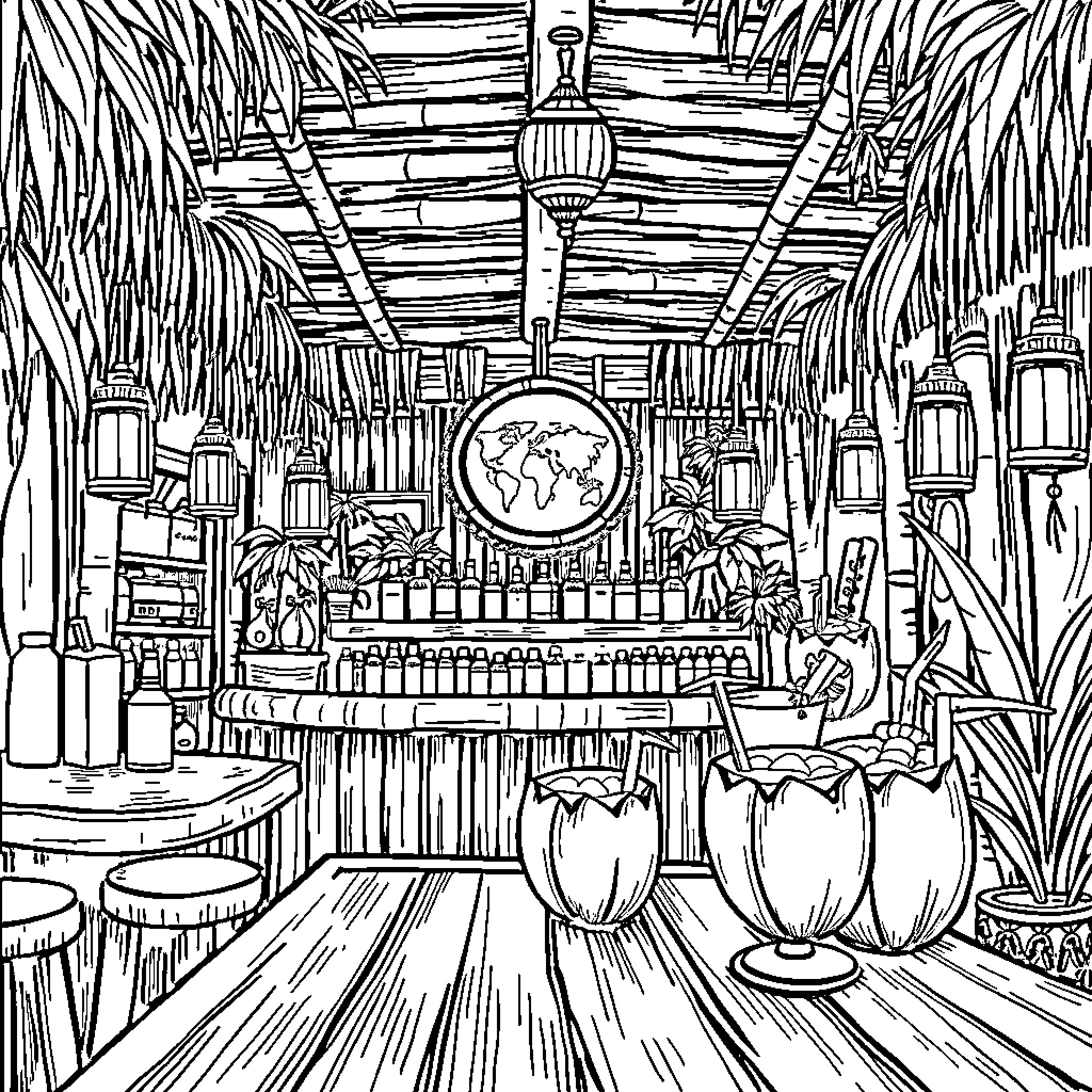 Tiki Bar with Tropical Decor and Exotic Beverages Coloring Page (free black-and-white line drawing printable PDF for all, from beginners to advanced learners, including children, teens, adults, and seniors)