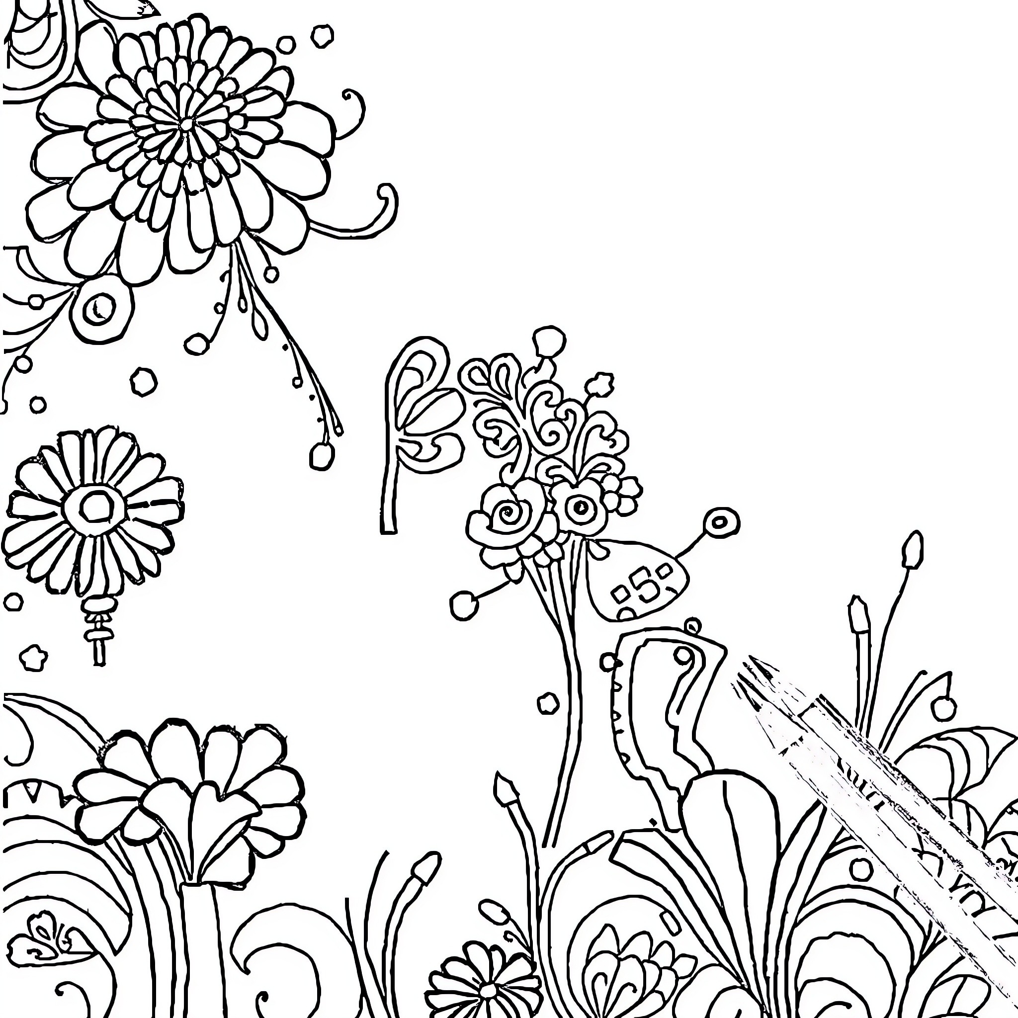 Doodle of whimsical floral patterns and elements Coloring Page (free black-and-white line drawing printable PDF for all, from beginners to advanced learners, including children, teens, adults, and seniors)