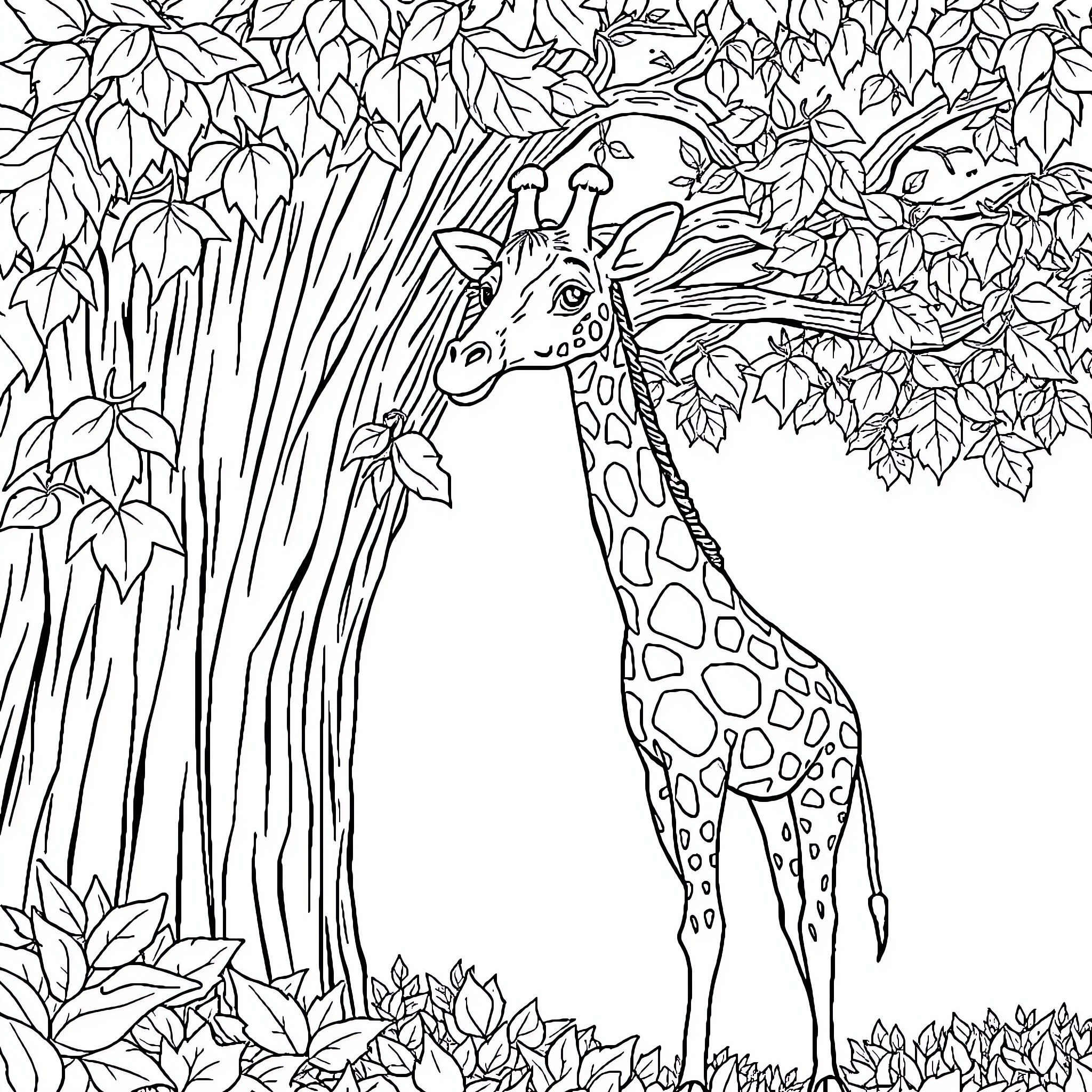 Giraffe exploring the lush jungle foliage Coloring Page (free black-and-white line drawing printable PDF for all, from beginners to advanced learners, including children, teens, adults, and seniors)