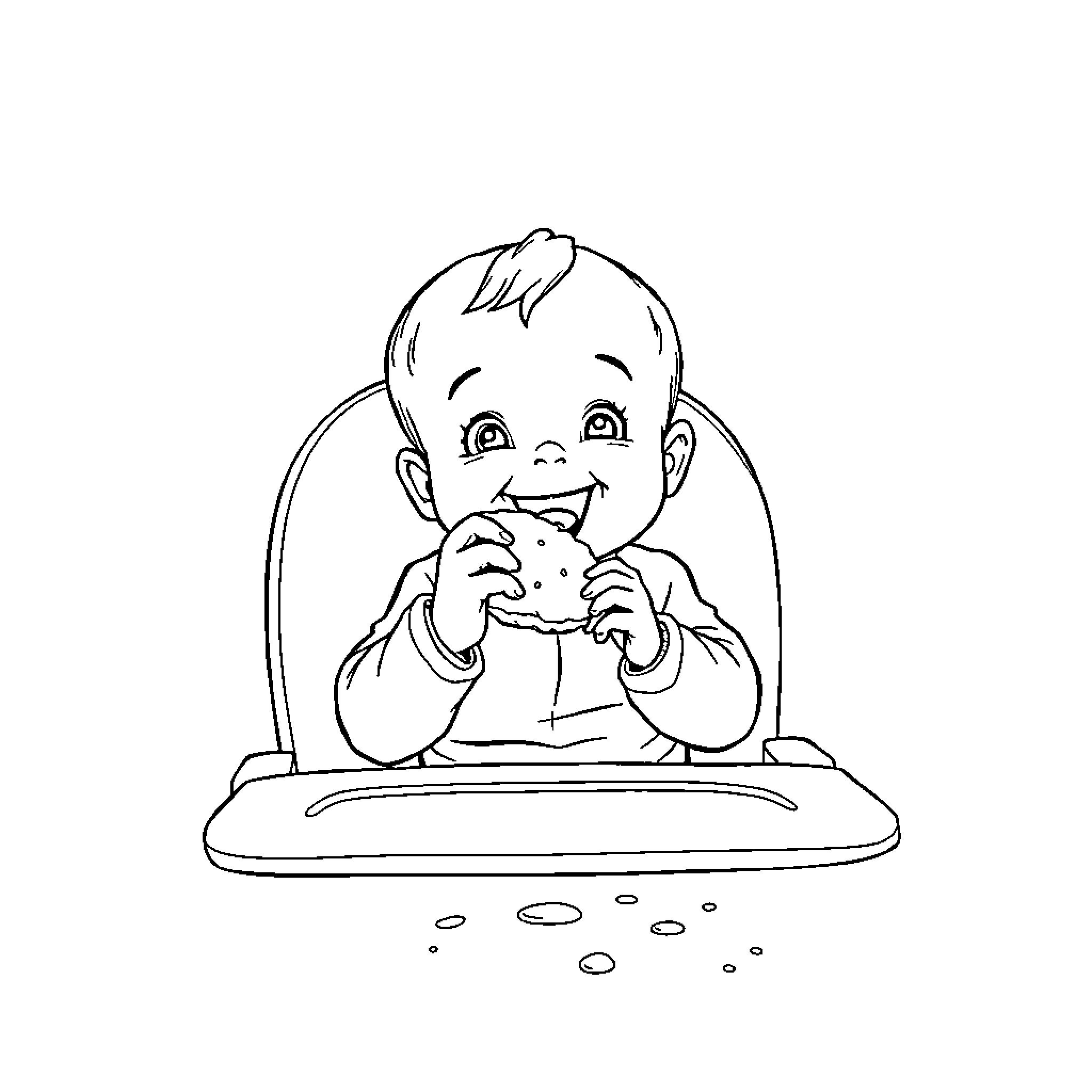 Baby happily eating a cookie Coloring Page (free black-and-white line drawing printable PDF for all, from beginners to advanced learners, including children, teens, adults, and seniors)