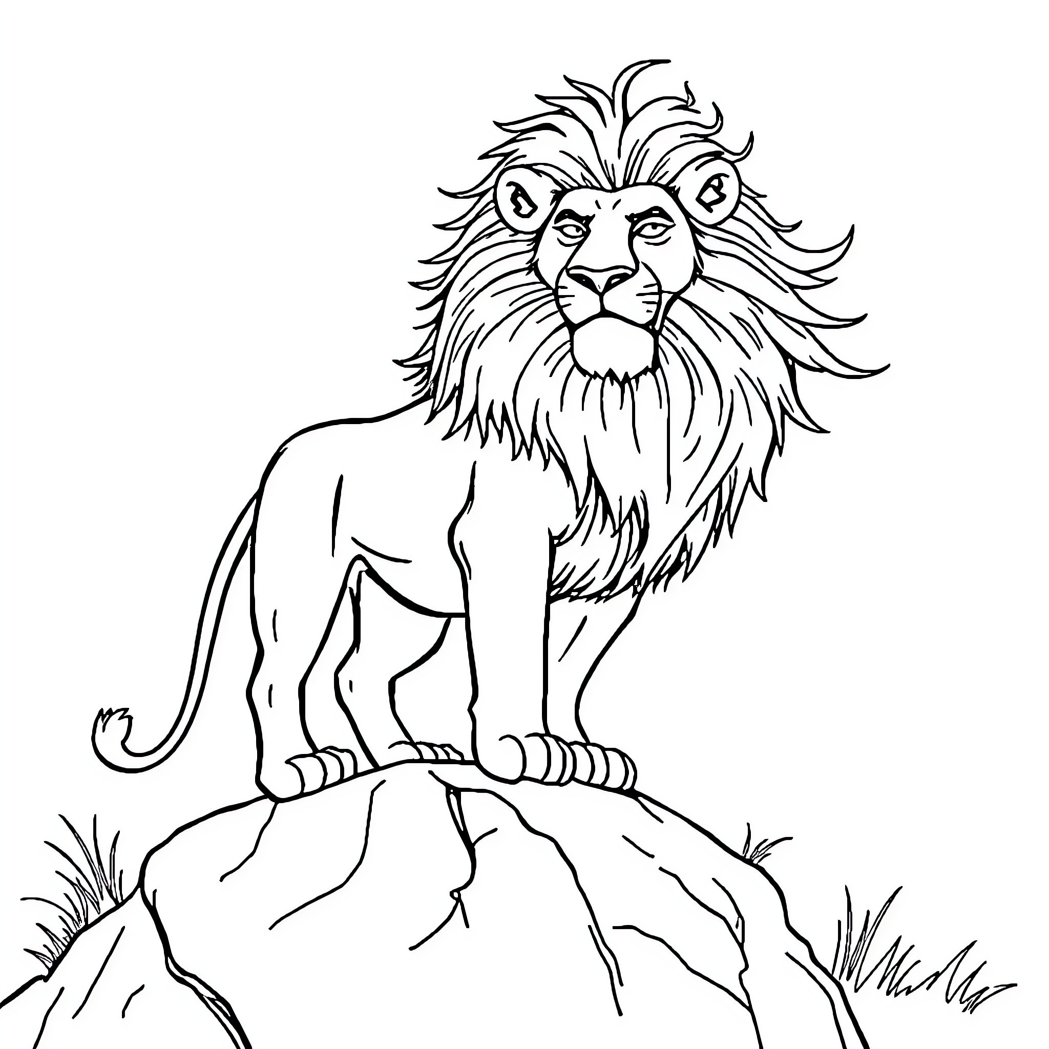 Lion standing majestically on a rocky outcrop Coloring Page (free black-and-white line drawing printable PDF for all, from beginners to advanced learners, including children, teens, adults, and seniors)