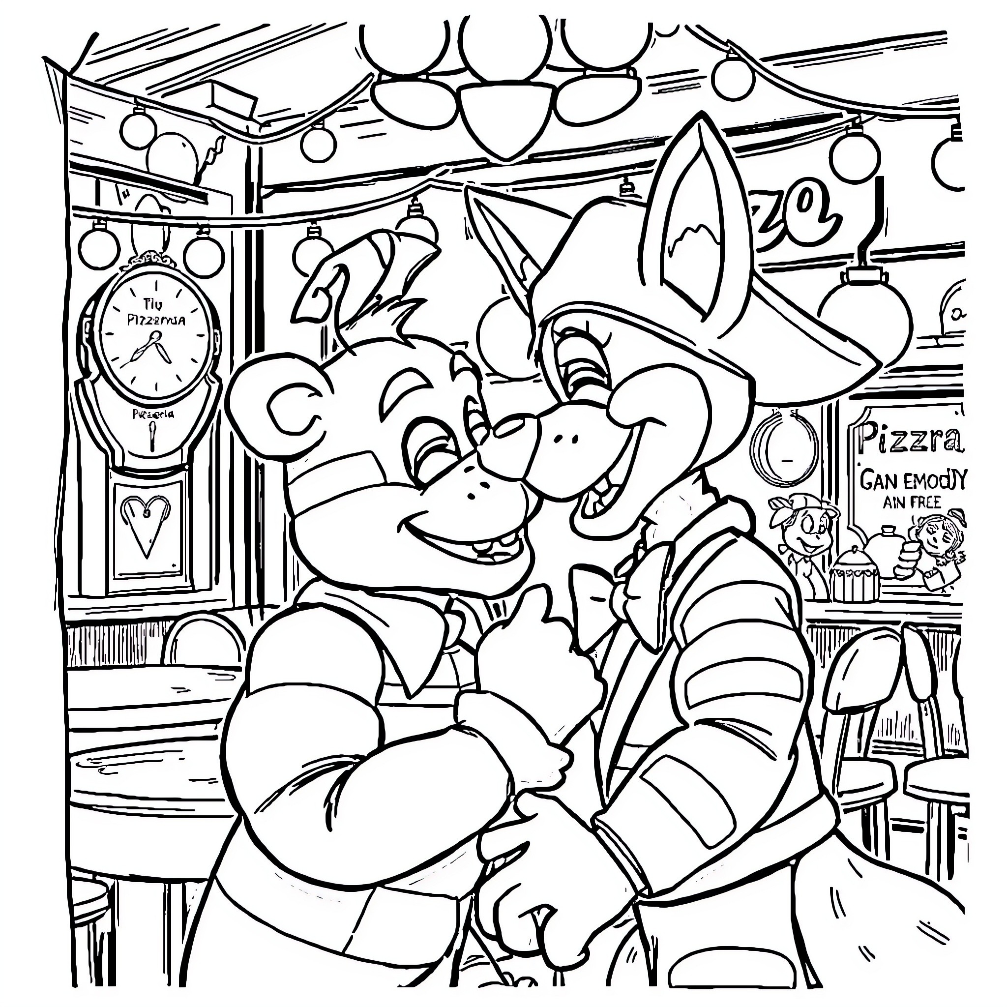 Freddy Fazbear's fun-filled pizzeria adventure Coloring Page (free black-and-white line drawing printable PDF for all, from beginners to advanced learners, including children, teens, adults, and seniors)