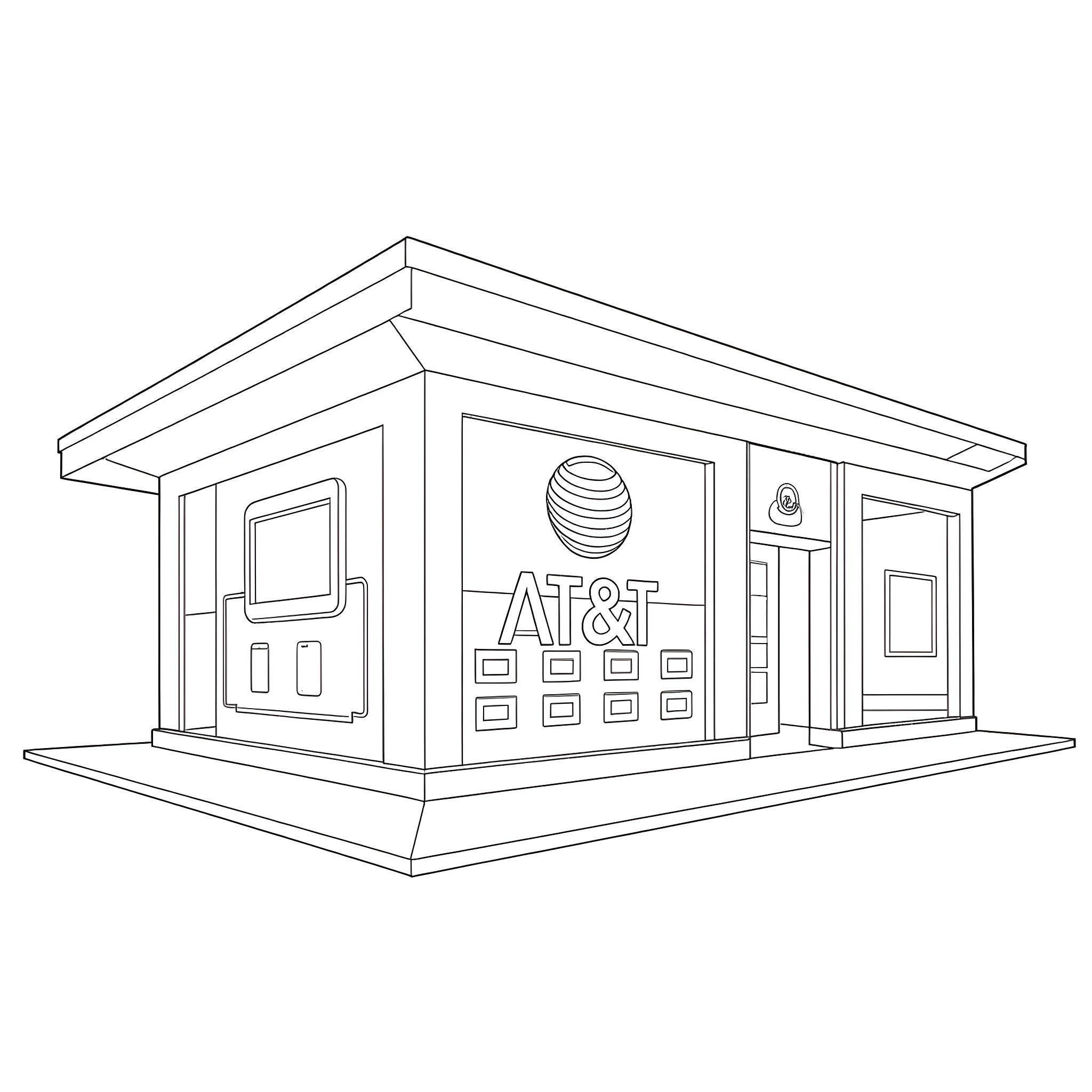 Cell Phone Store with Signage and Displays Coloring Page (free black-and-white line drawing printable PDF for all, from beginners to advanced learners, including children, teens, adults, and seniors)