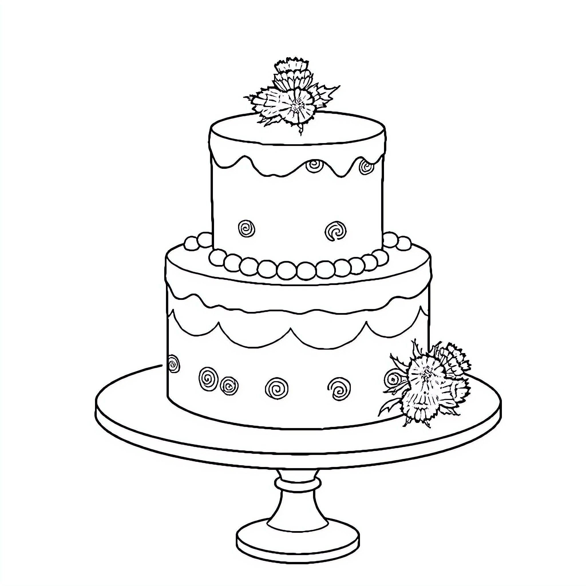 Wedding Cake with Floral Decorations Coloring Page (free black-and-white line drawing printable PDF for all, from beginners to advanced learners, including children, teens, adults, and seniors)