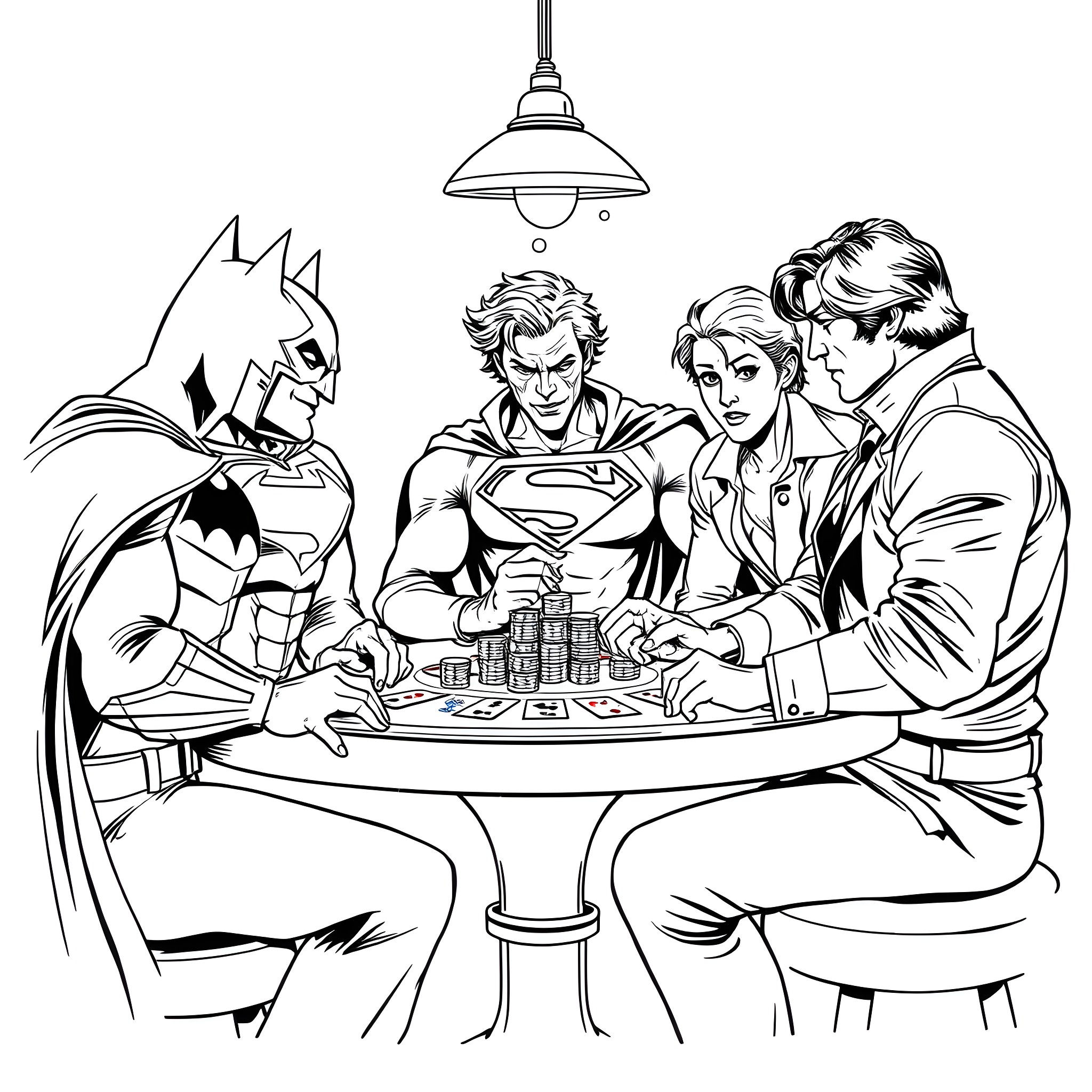 Character Superheroes playing board game together Coloring Page (free black-and-white line drawing printable PDF for all, from beginners to advanced learners, including children, teens, adults, and seniors)