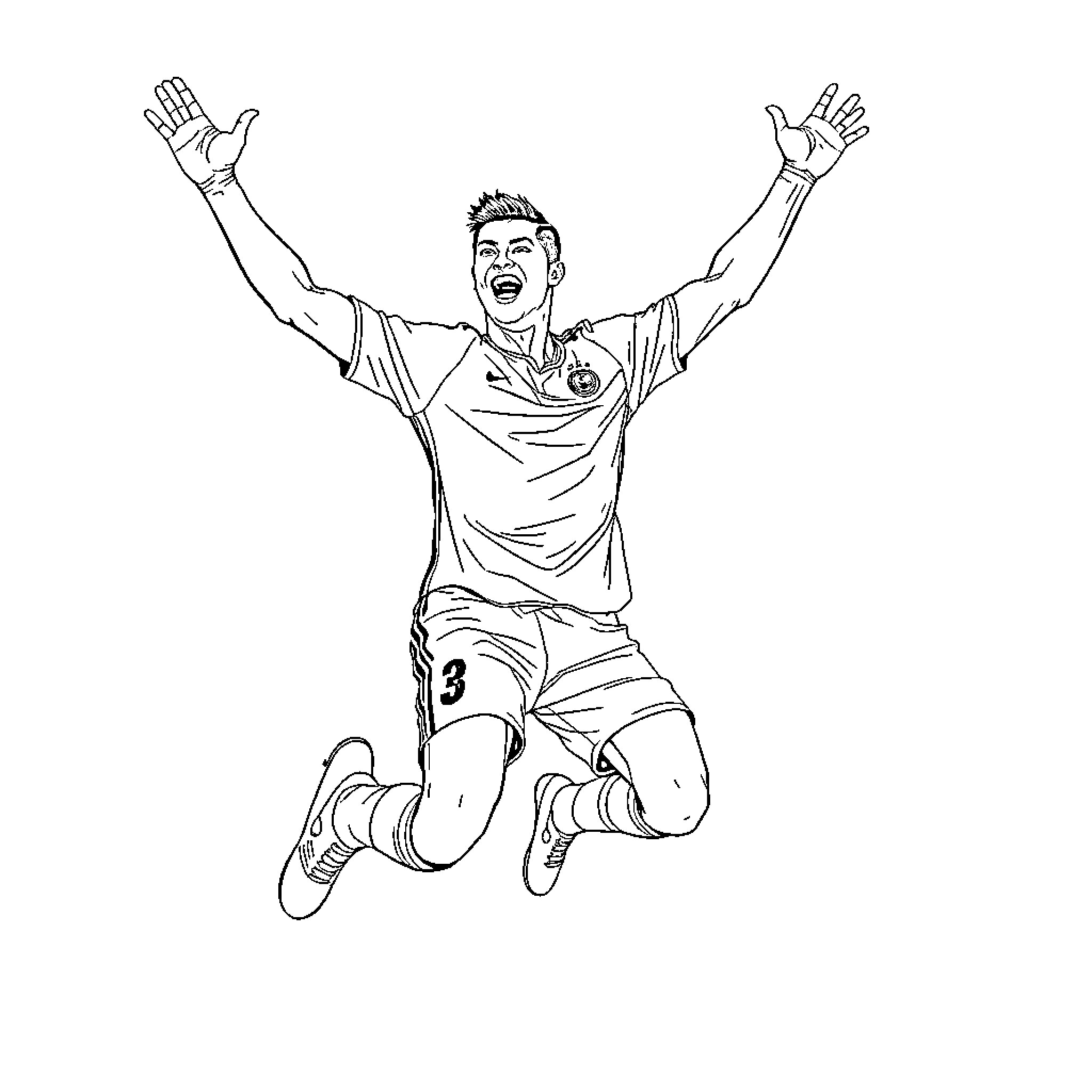 Cristiano Ronaldo celebrating after scoring a goal Coloring Page (free black-and-white line drawing printable PDF for all, from beginners to advanced learners, including children, teens, adults, and seniors)