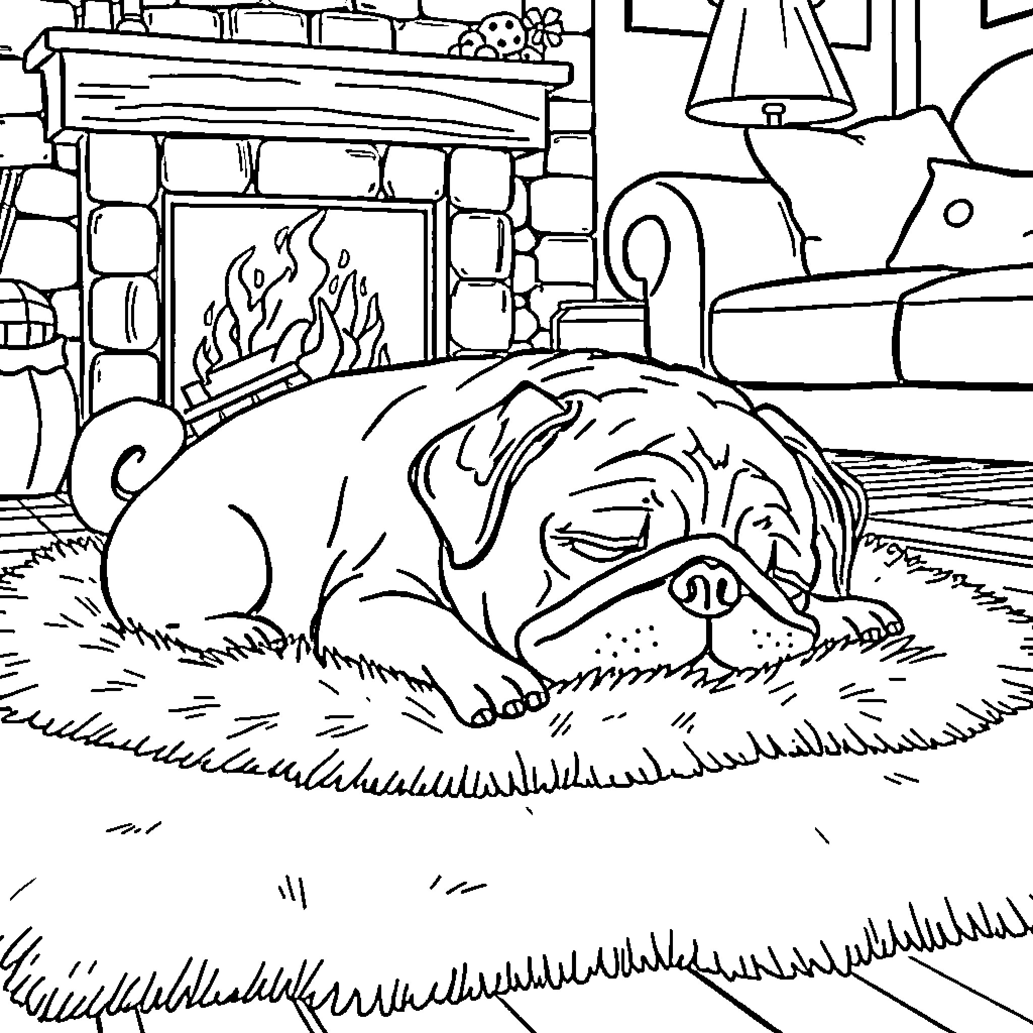 Pug relaxing by the fireplace Coloring Page (free black-and-white line drawing printable PDF for all, from beginners to advanced learners, including children, teens, adults, and seniors)