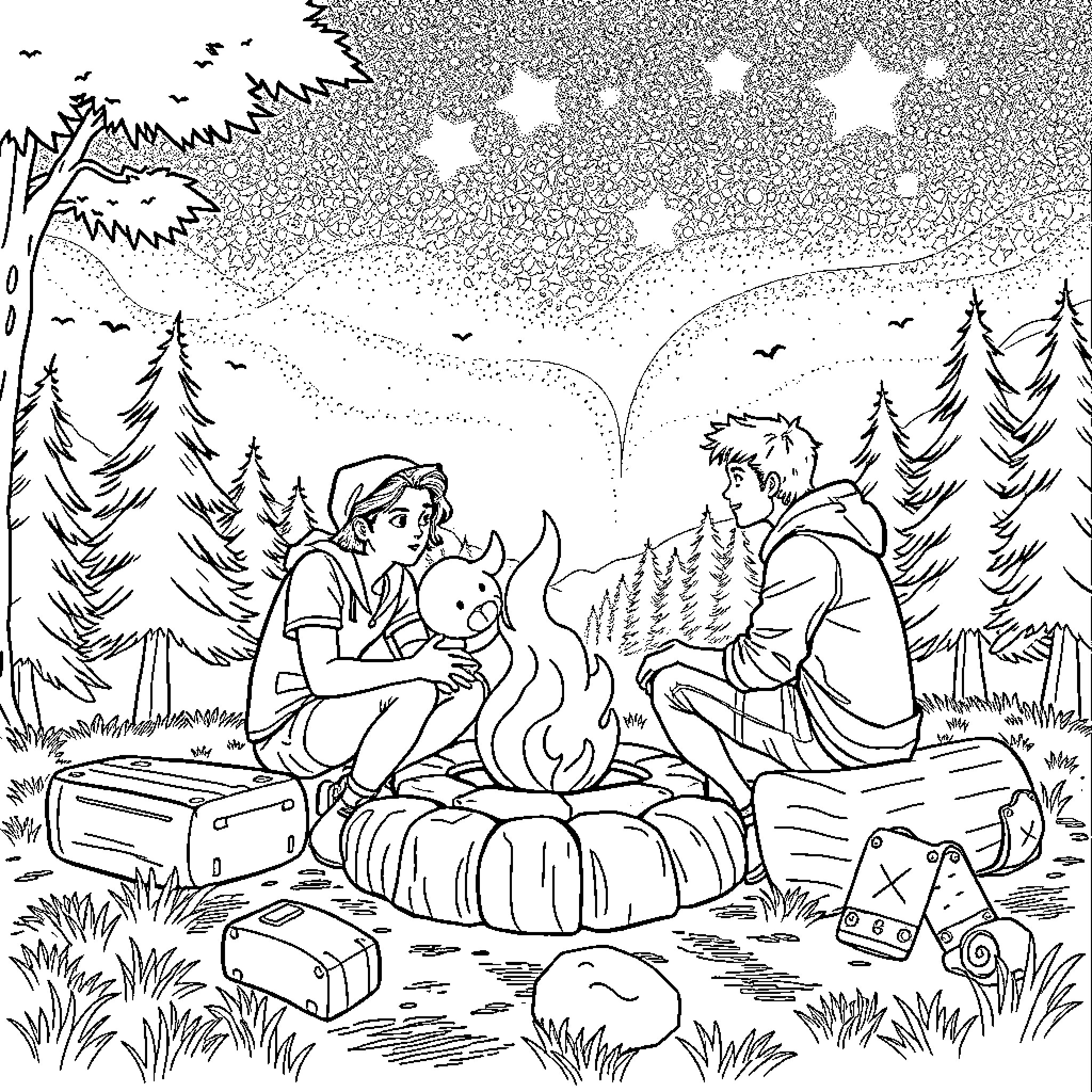 Percy Jackson and Friends Enjoy Campfire Night Coloring Page (free black-and-white line drawing printable PDF for all, from beginners to advanced learners, including children, teens, adults, and seniors)