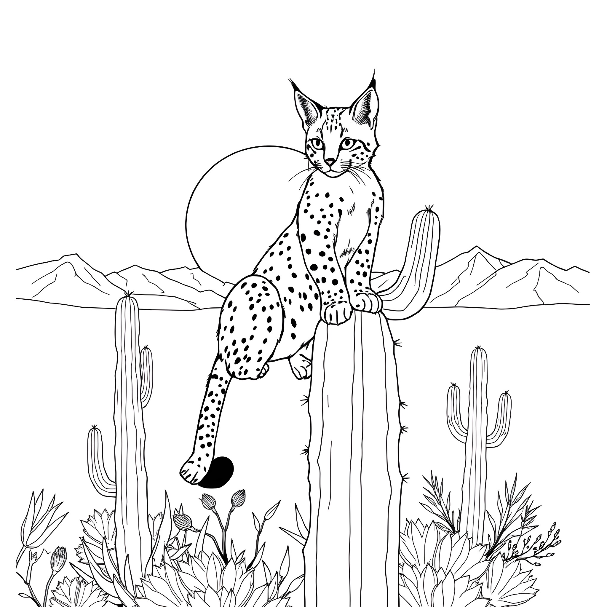 Lynx prowling among cactus in the desert Coloring Page (free black-and-white line drawing printable PDF for all, from beginners to advanced learners, including children, teens, adults, and seniors)