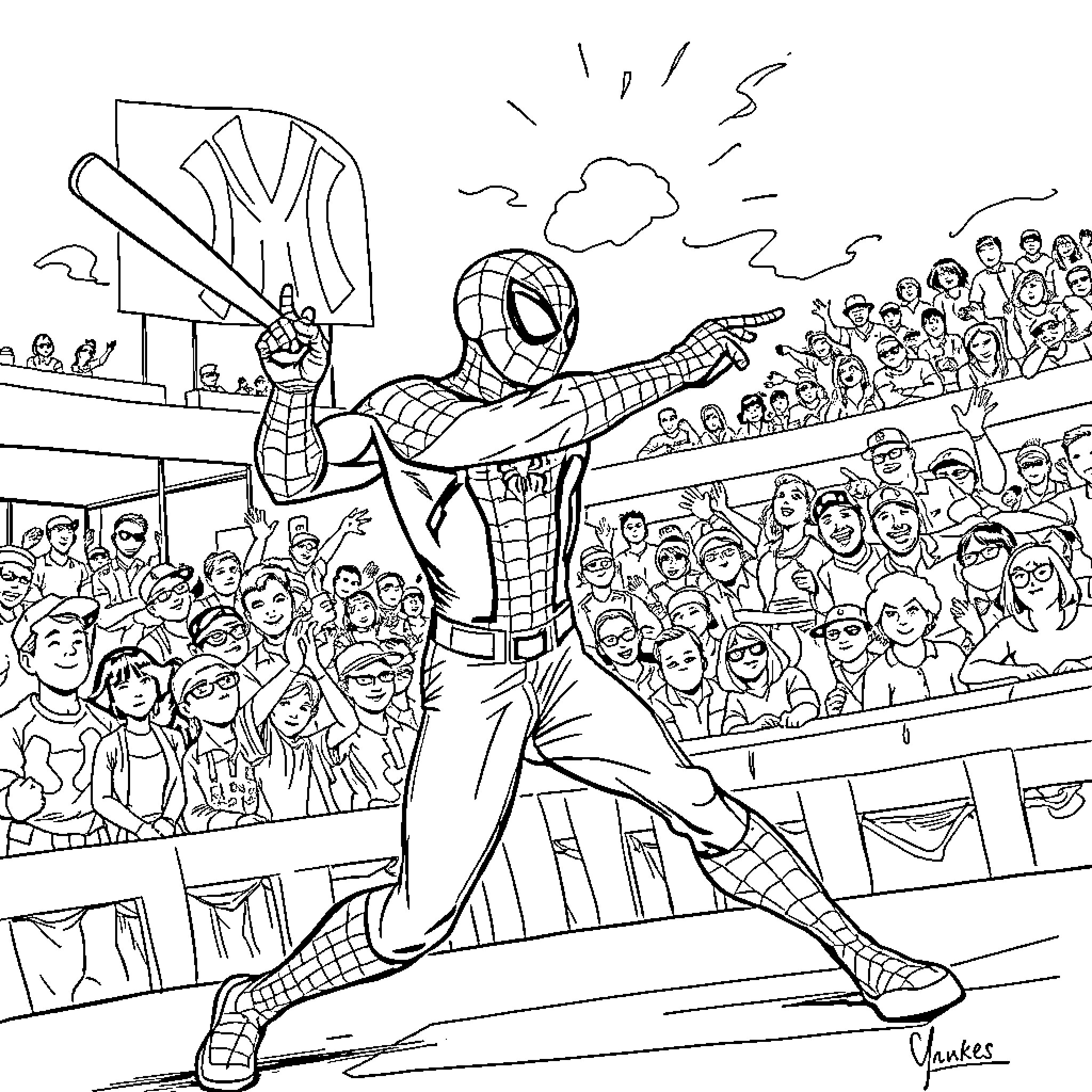 Spider-Man Swinging and Waving to Cheering Crowd Coloring Page (free black-and-white line drawing printable PDF for all, from beginners to advanced learners, including children, teens, adults, and seniors)