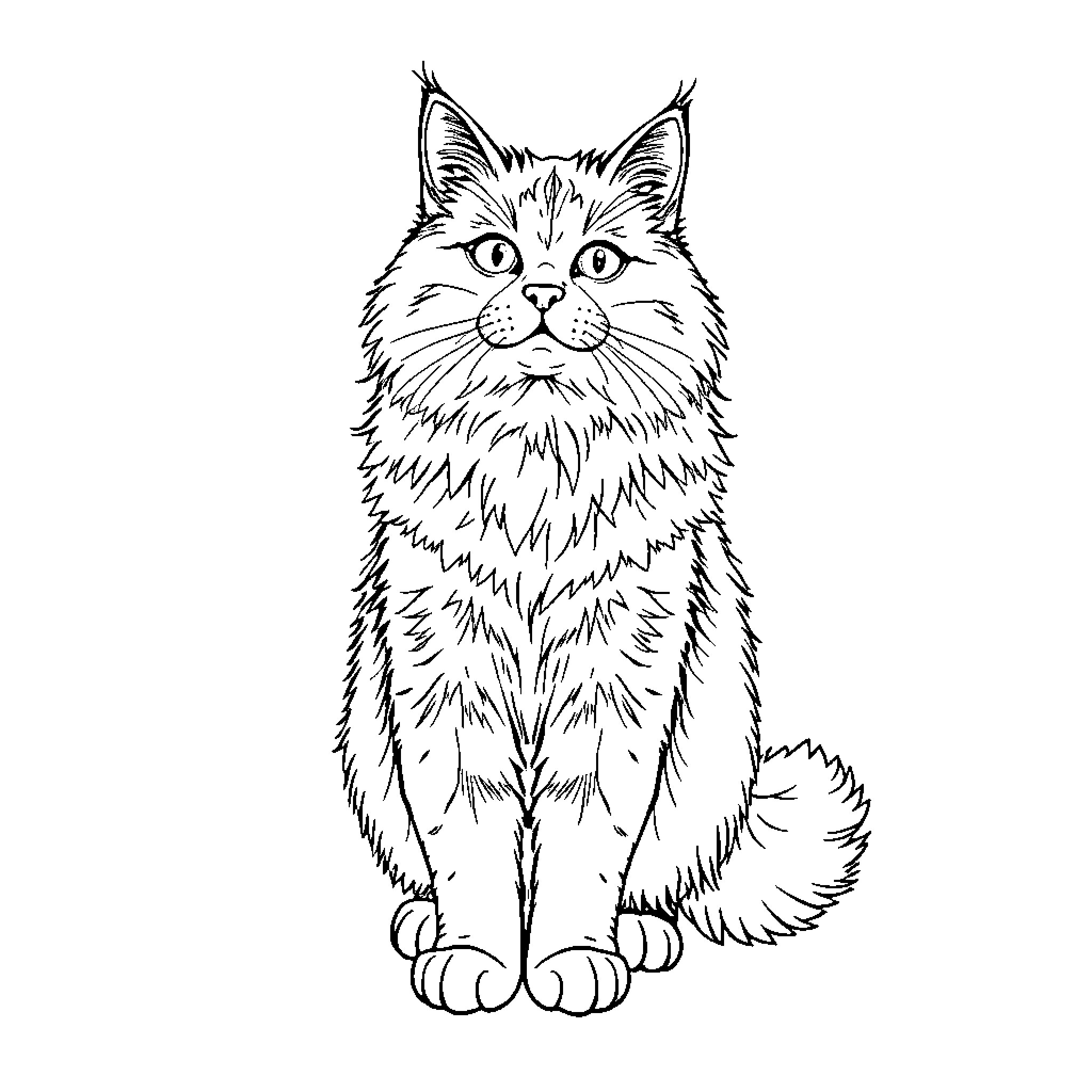 Cat with Fluffy Fur Sitting Calmly Coloring Page (free black-and-white line drawing printable PDF for all, from beginners to advanced learners, including children, teens, adults, and seniors)
