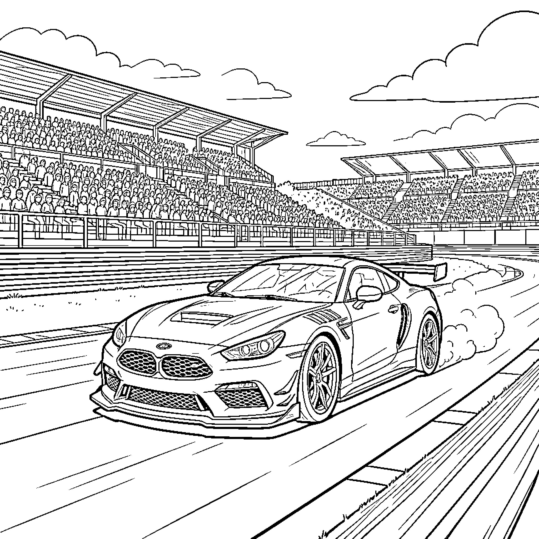 Car racing fast on a track near stadium stands Coloring Page (free black-and-white line drawing printable PDF for all, from beginners to advanced learners, including children, teens, adults, and seniors)