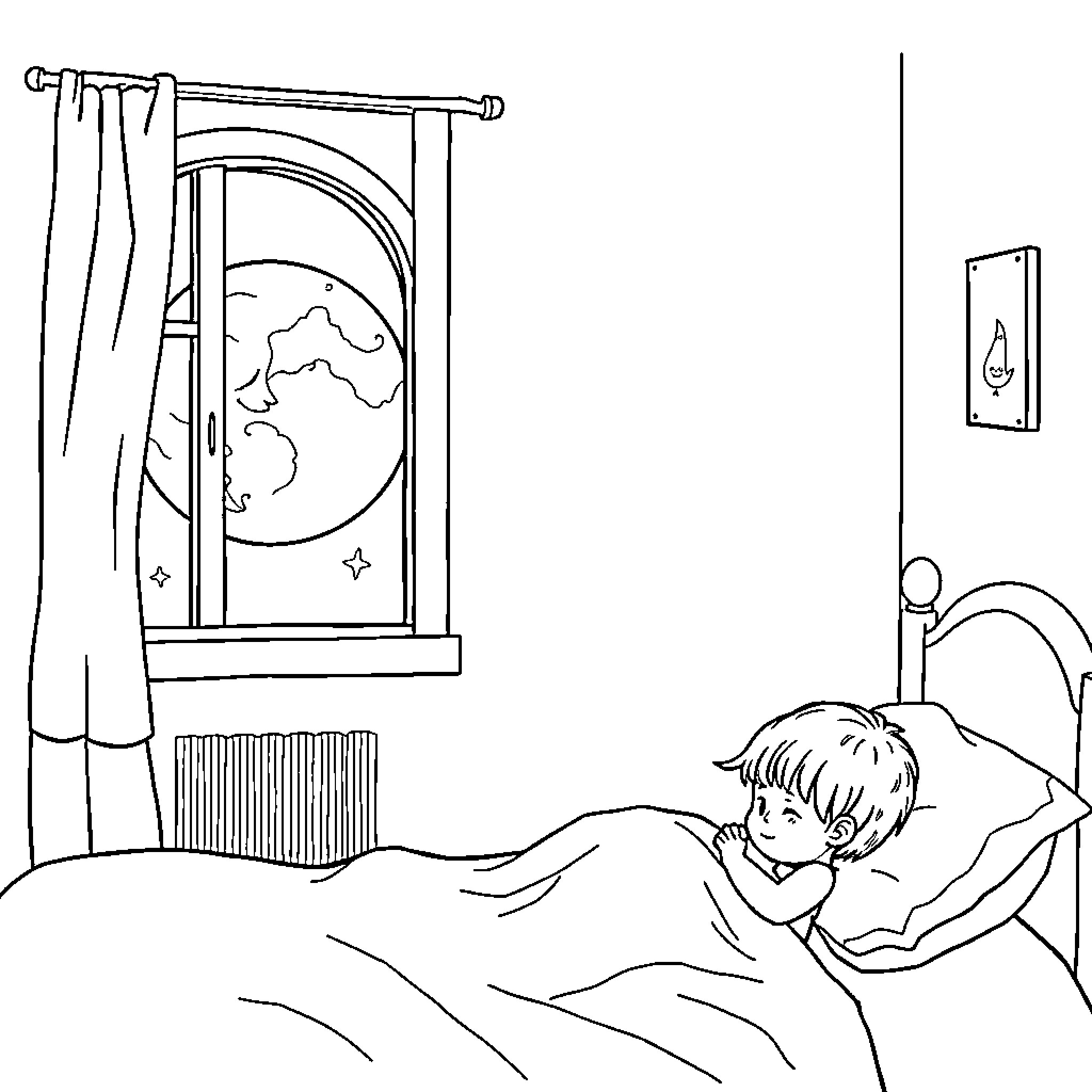 Moon gazing through window by sleeping child Coloring Page (free black-and-white line drawing printable PDF for all, from beginners to advanced learners, including children, teens, adults, and seniors)