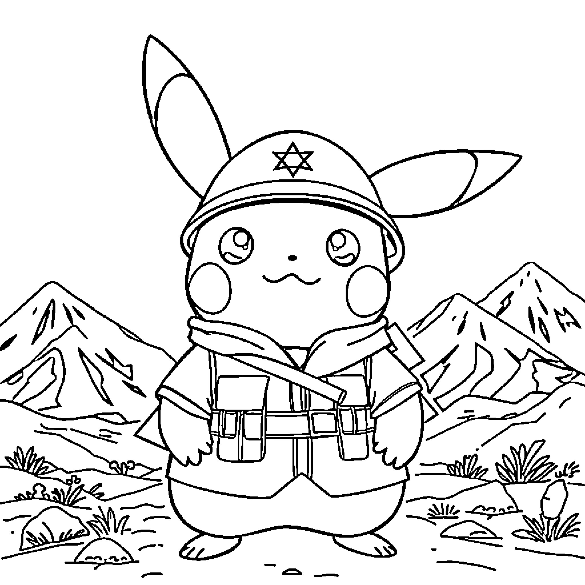 Pikachu Adventuring in the Mountains Coloring Page (free black-and-white line drawing printable PDF for all, from beginners to advanced learners, including children, teens, adults, and seniors)