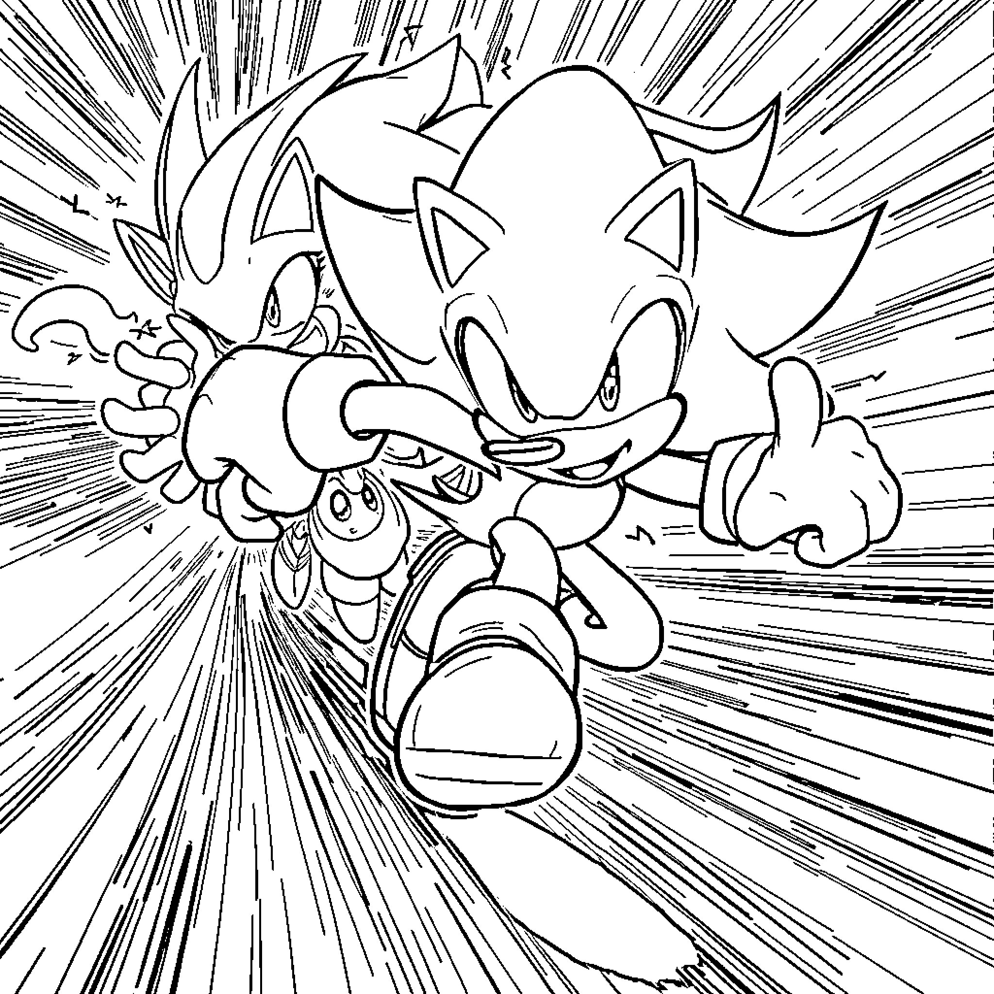 Sonic the Hedgehog in action-packed scene Coloring Page (free black-and-white line drawing printable PDF for all, from beginners to advanced learners, including children, teens, adults, and seniors)