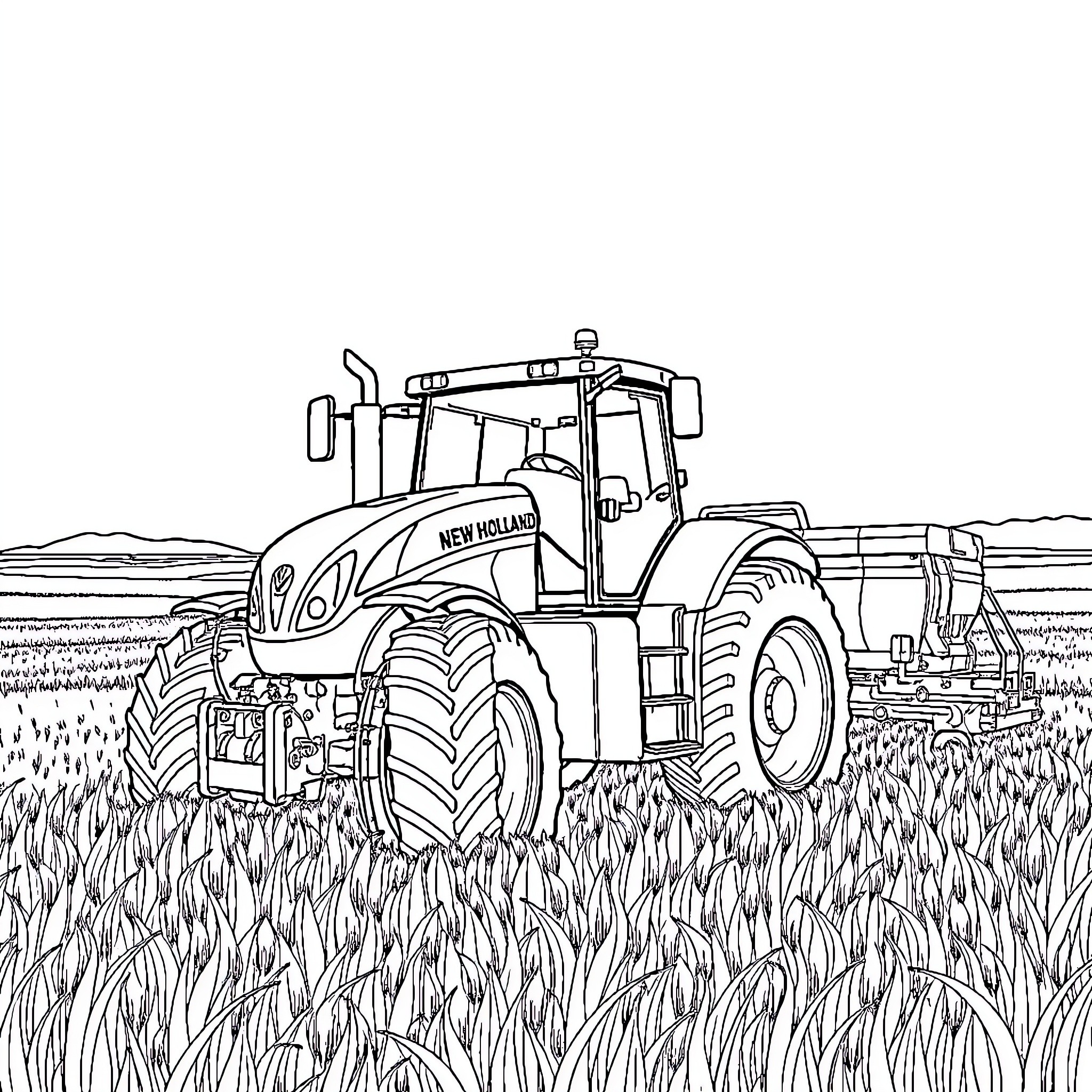 Tractor plowing through a field of crops Coloring Page (free black-and-white line drawing printable PDF for all, from beginners to advanced learners, including children, teens, adults, and seniors)