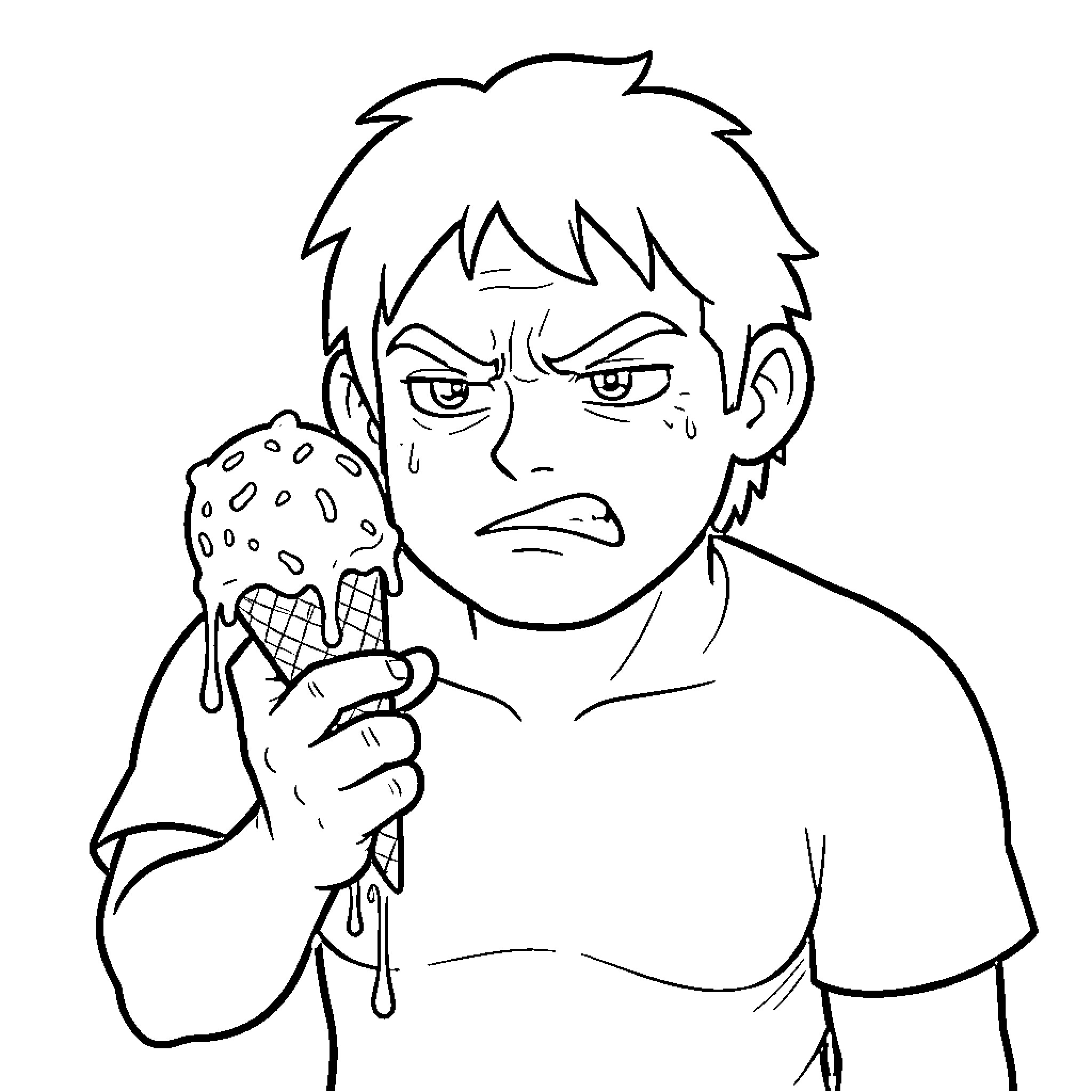 Hulk looking angry while holding melting ice cream Coloring Page (free black-and-white line drawing printable PDF for all, from beginners to advanced learners, including children, teens, adults, and seniors)