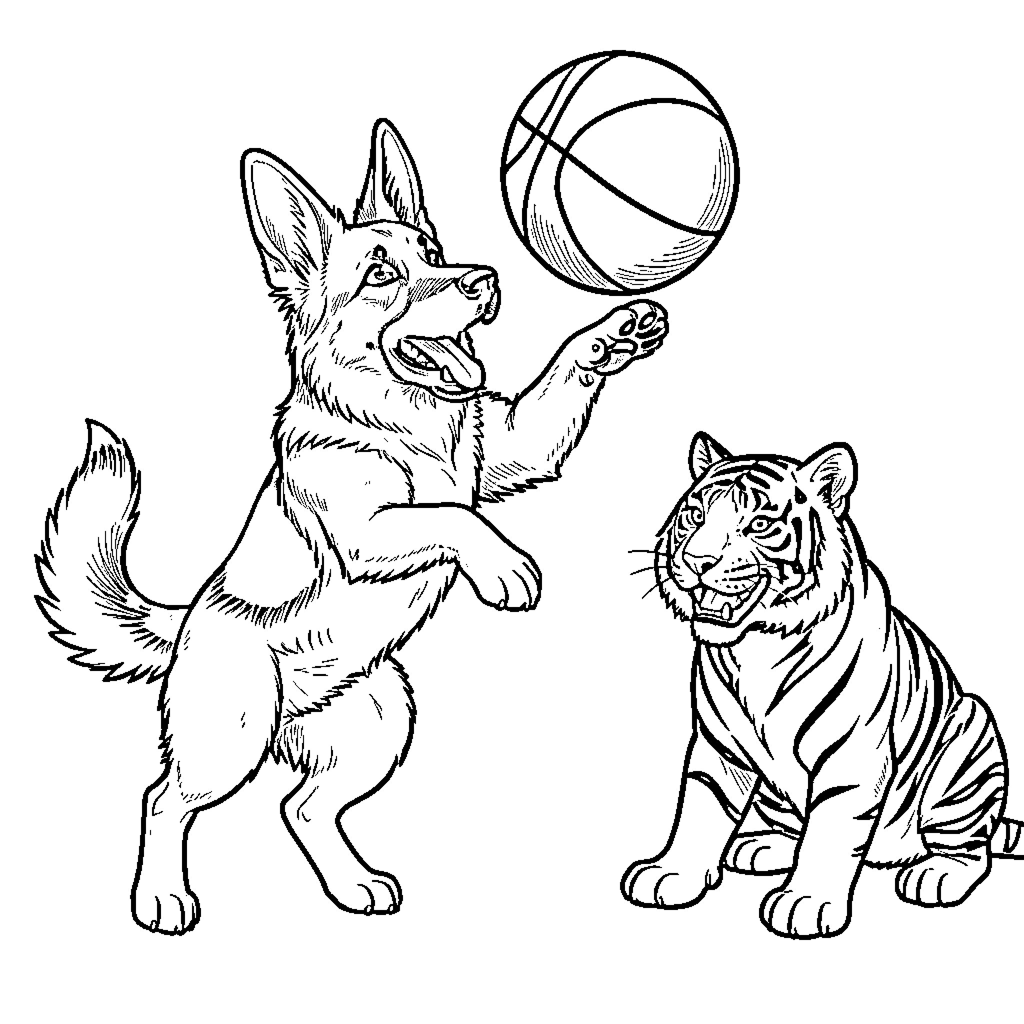 German Shepherd playing with a ball near a tiger Coloring Page (free black-and-white line drawing printable PDF for all, from beginners to advanced learners, including children, teens, adults, and seniors)