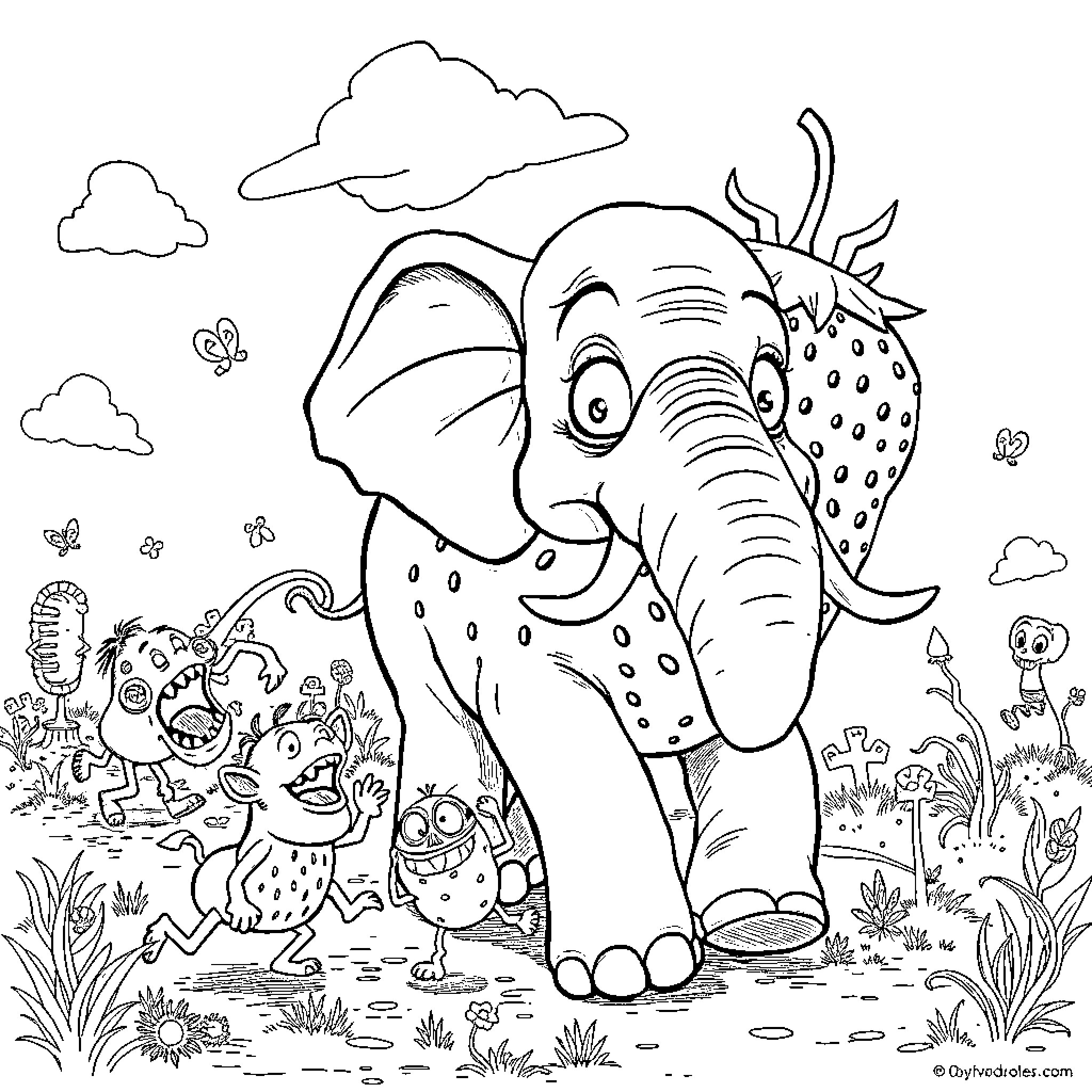Elephant playing with whimsical creatures in a nature scene Coloring Page (free black-and-white line drawing printable PDF for all, from beginners to advanced learners, including children, teens, adults, and seniors)