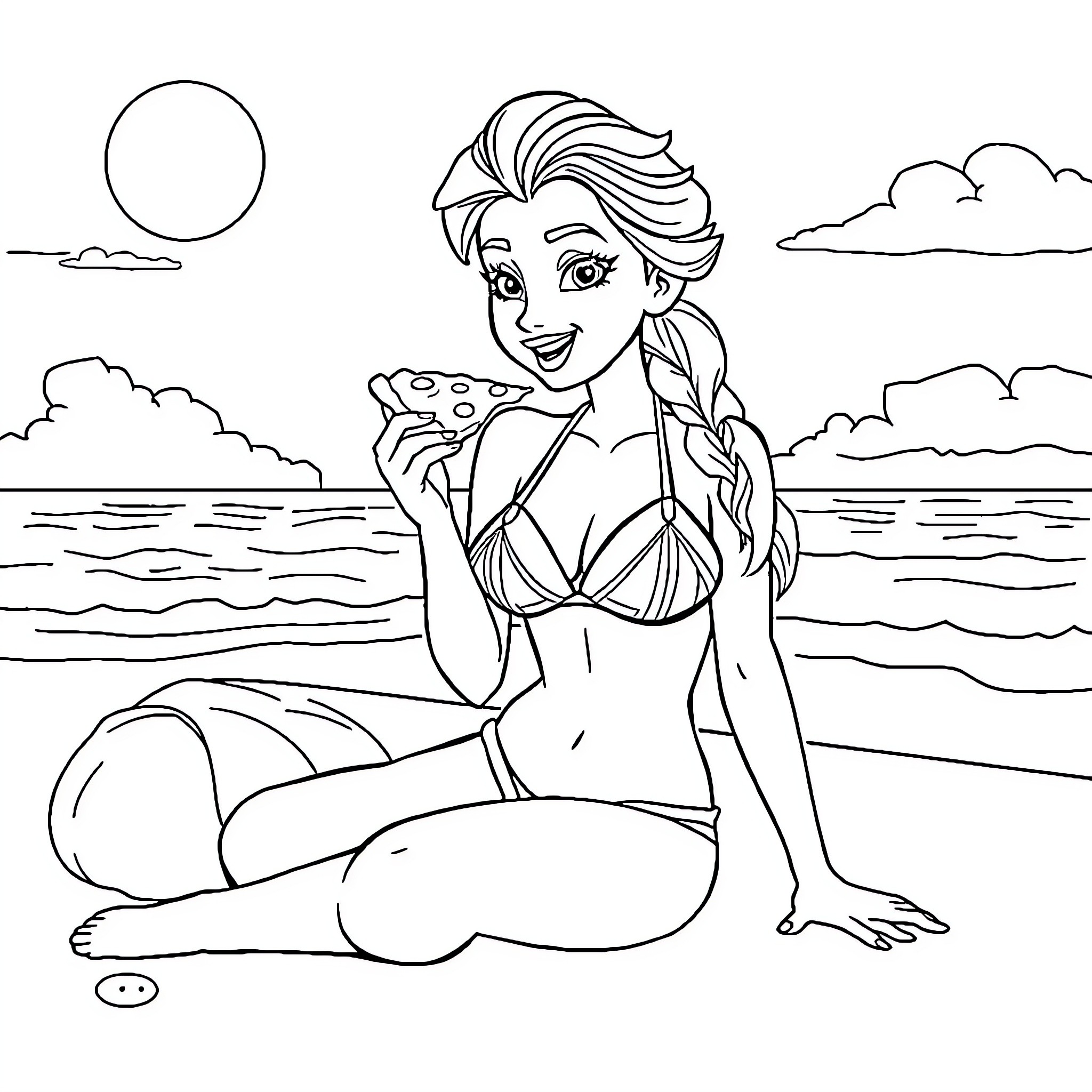 Elsa enjoying a summer day at the beach Coloring Page (free black-and-white line drawing printable PDF for all, from beginners to advanced learners, including children, teens, adults, and seniors)
