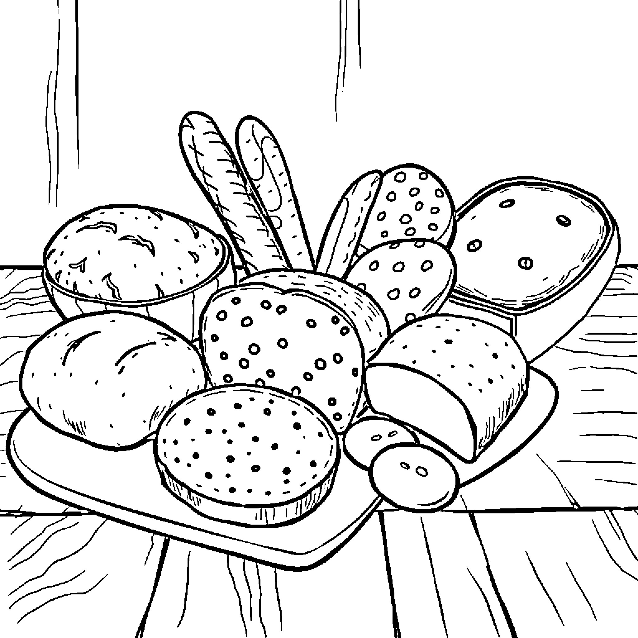Bread and Various Baked Goods on a Tray Coloring Page (free black-and-white line drawing printable PDF for all, from beginners to advanced learners, including children, teens, adults, and seniors)