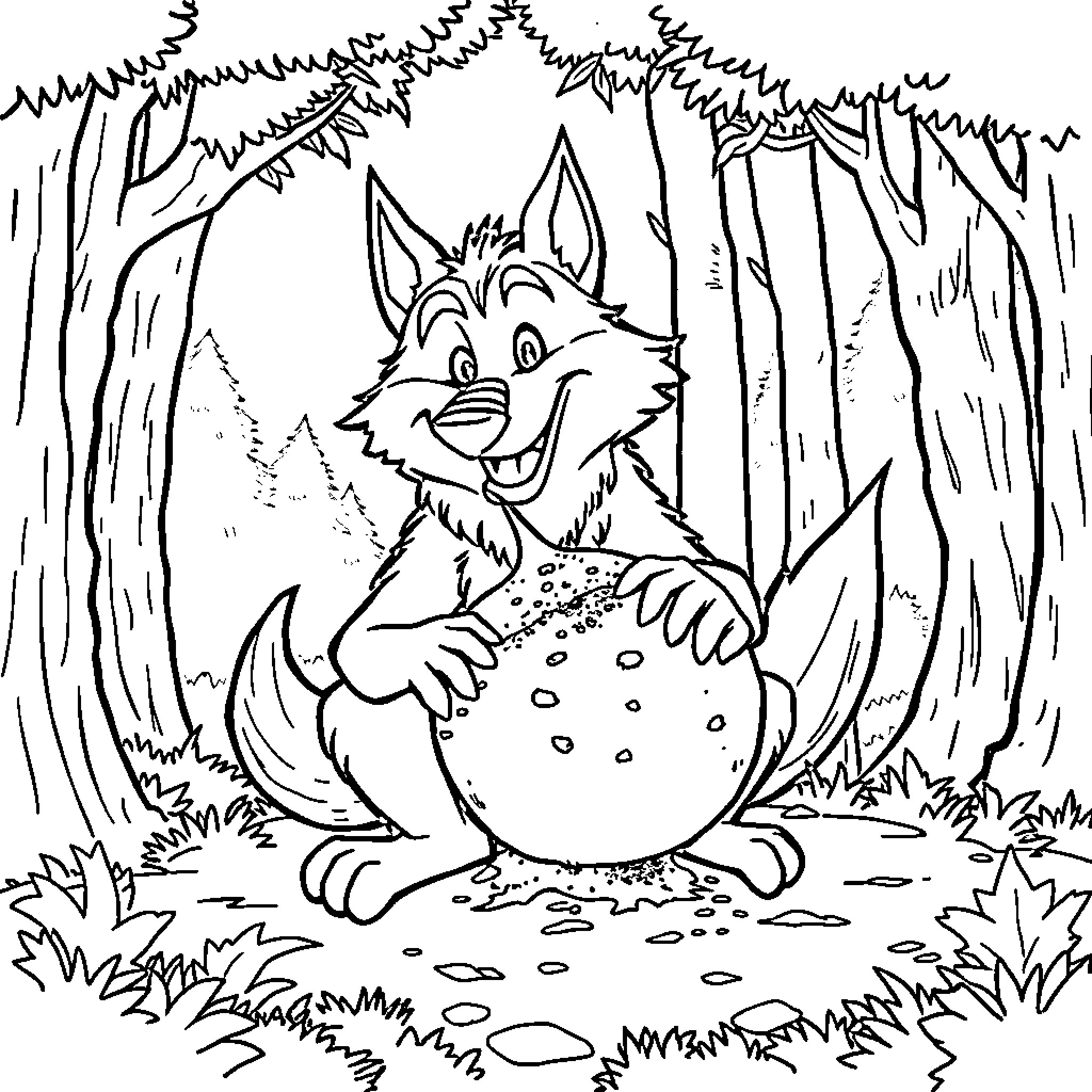 Wolf enjoying a playful day in the forest Coloring Page (free black-and-white line drawing printable PDF for all, from beginners to advanced learners, including children, teens, adults, and seniors)