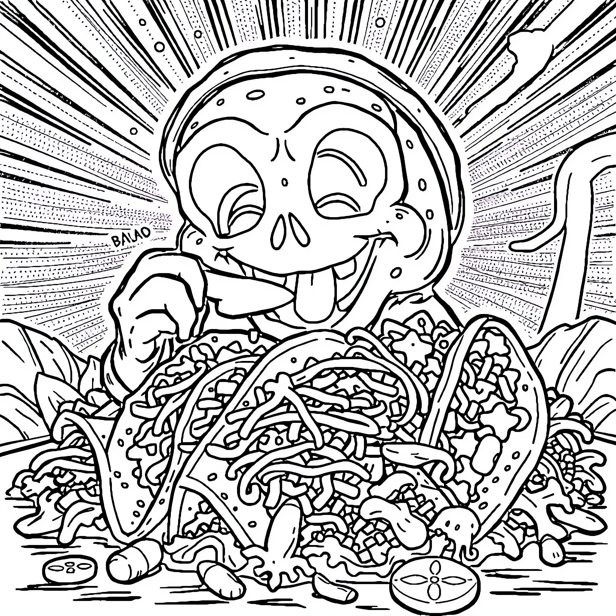 Creeper Skeleton Creature Surrounded by Odd Objects Coloring Page (free black-and-white line drawing printable PDF for all, from beginners to advanced learners, including children, teens, adults, and seniors)
