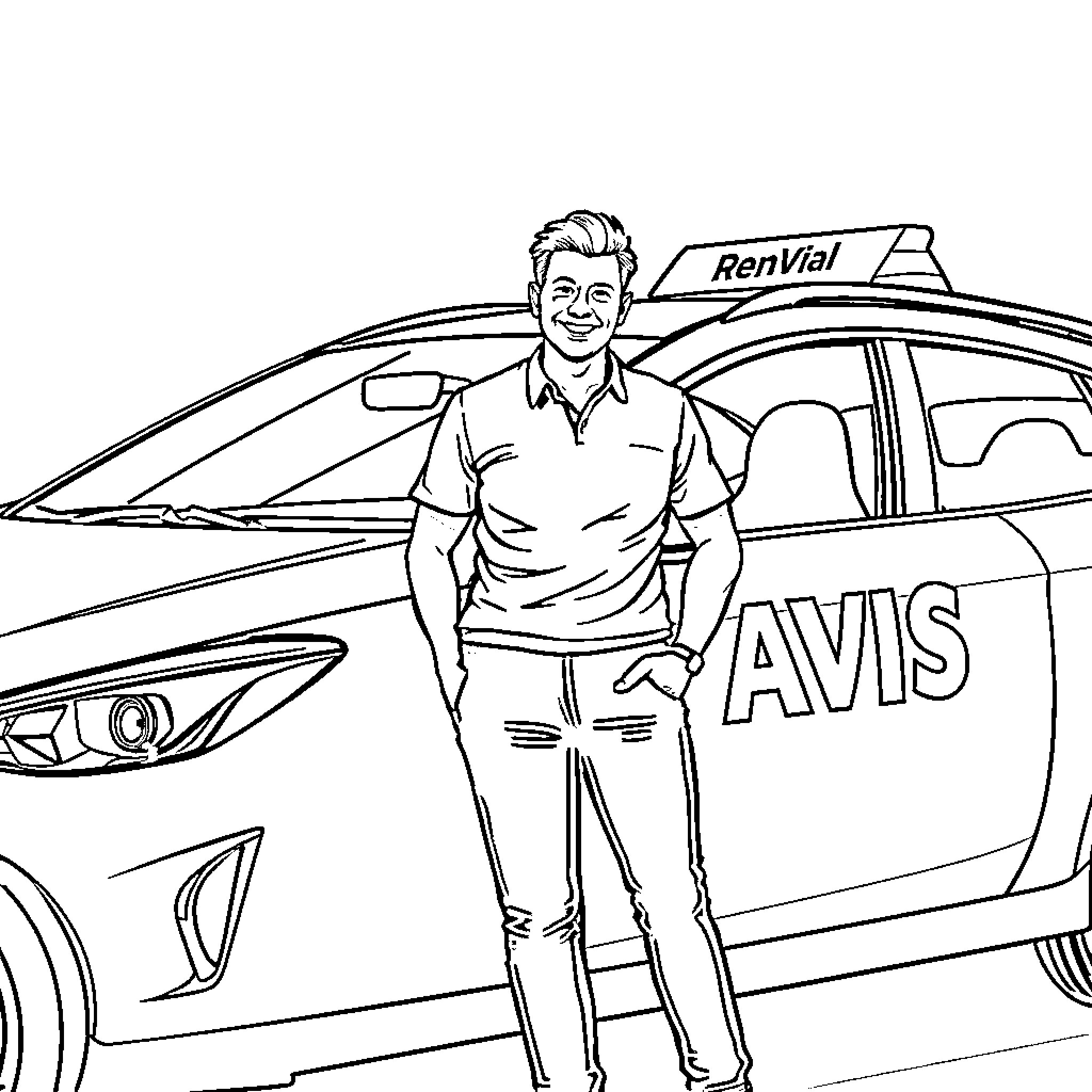 Client posing in front of rental car Coloring Page (free black-and-white line drawing printable PDF for all, from beginners to advanced learners, including children, teens, adults, and seniors)